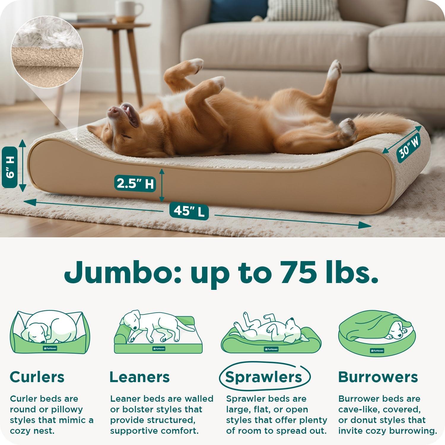 imageFurHaven Orthopedic Dog Bed for Large Dogs Luxe Lounger Contour Mattress with Solid Orthopedic Foam Slab for Joint Support Removable Washable Cover Jumbo XL Plush Suede CreamCream