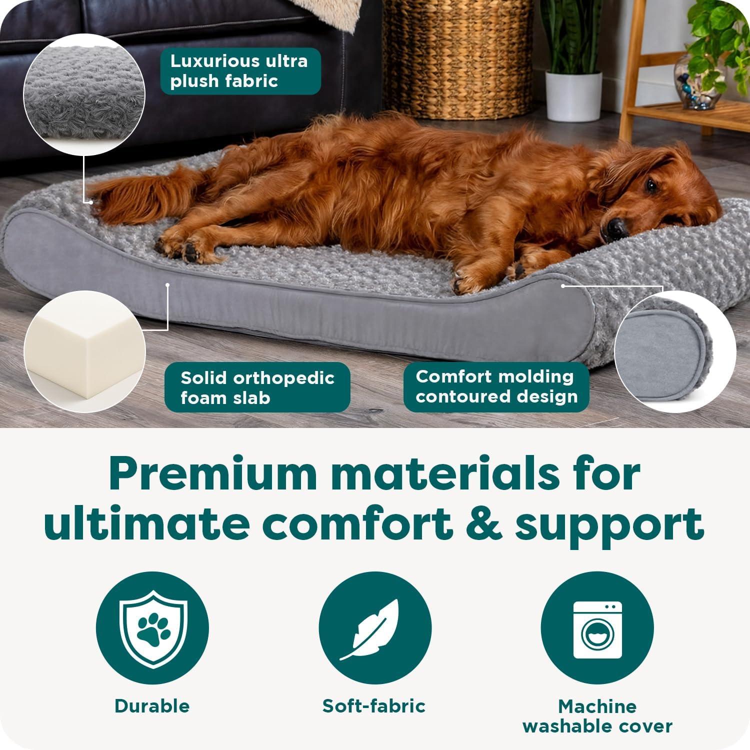 imageFurHaven Orthopedic Dog Bed for Large Dogs Luxe Lounger Contour Mattress with Solid Orthopedic Foam Slab for Joint Support Removable Washable Cover Jumbo XL Plush Suede CreamGray