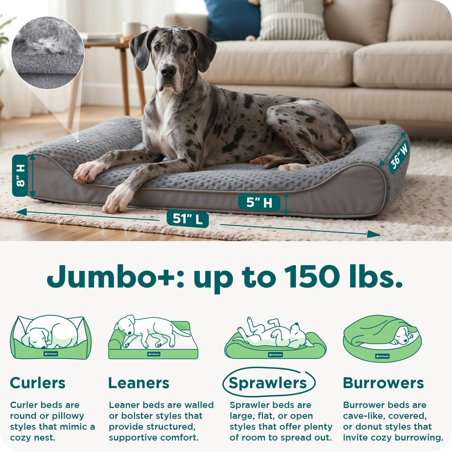 imageFurHaven Orthopedic Dog Bed for Large Dogs Luxe Lounger Contour Mattress with Solid Orthopedic Foam Slab for Joint Support Removable Washable Cover Jumbo XL Plush Suede CreamGray