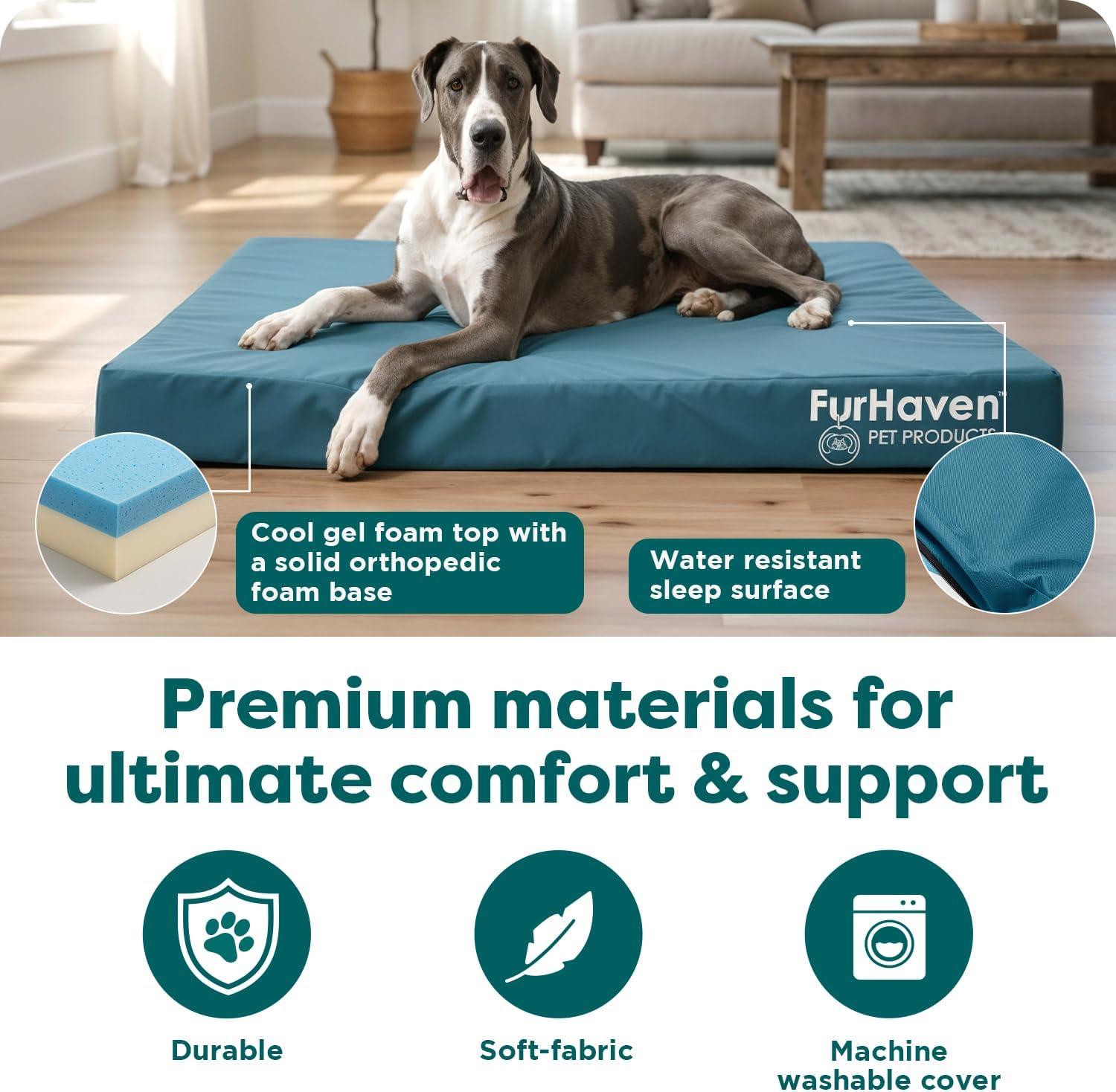 imageFurHaven WaterResistant Cooling Gel Dog Bed for Large Dogs Cool GelTop Foam with a Solid Orthopedic Foam Base for Comfort and Support Washable Cover Jumbo Plus XXL Polycanvas Deep Lagoon