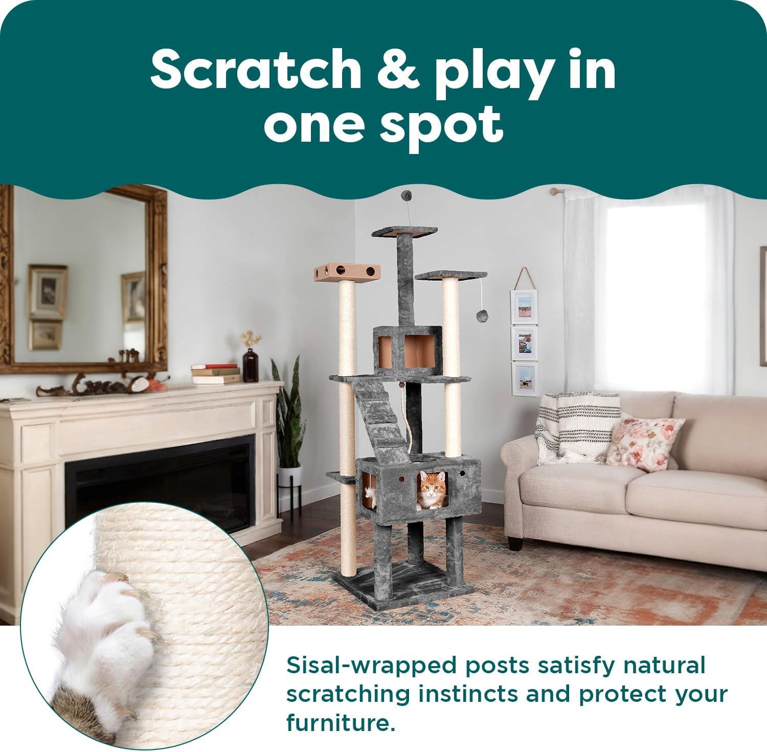 imageFurhaven 1575quot Tall Playground for Indoor Cats Ft Sisal Scratching Posts SelfGrooming Brush ampamp Toy Tiger Tough Hammock Interactive Playground Silver One SizeDouble Decker Playground Gray