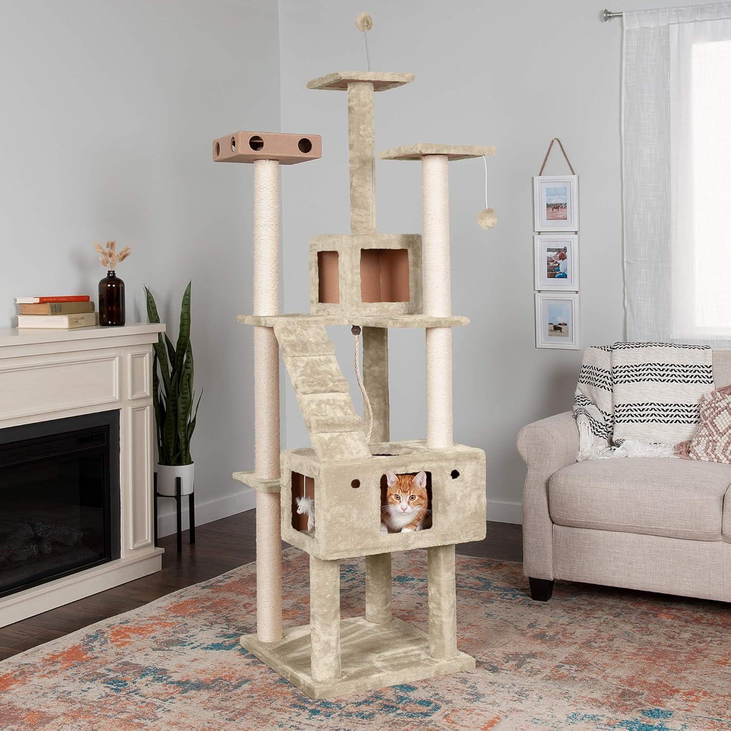 imageFurhaven 1575quot Tall Playground for Indoor Cats Ft Sisal Scratching Posts SelfGrooming Brush ampamp Toy Tiger Tough Hammock Interactive Playground Silver One SizeDouble Decker Playground Cream