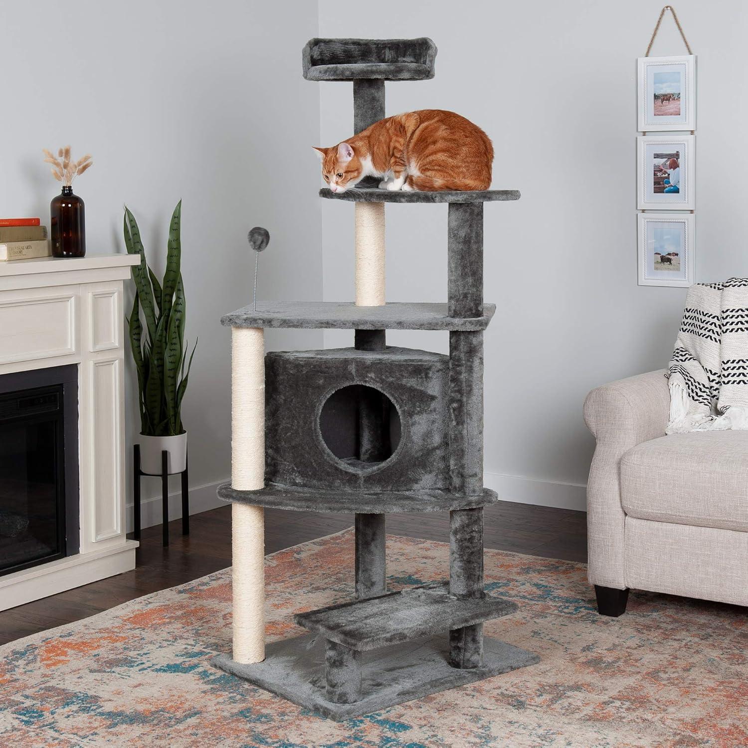 imageFurhaven 1575quot Tall Playground for Indoor Cats Ft Sisal Scratching Posts SelfGrooming Brush ampamp Toy Tiger Tough Hammock Interactive Playground Silver One SizePlatform House Playground Gray