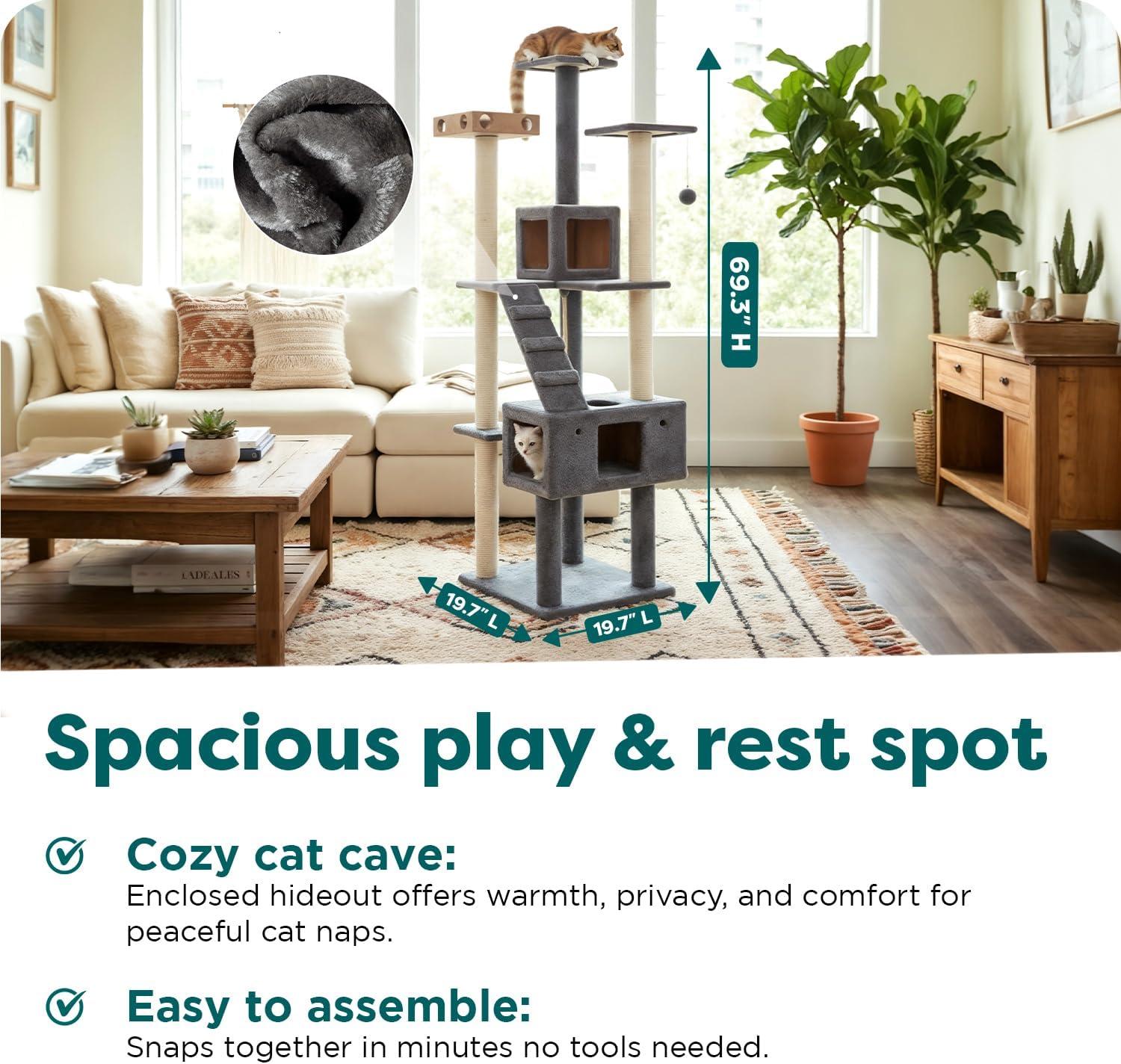 imageFurhaven 1575quot Tall Playground for Indoor Cats Ft Sisal Scratching Posts SelfGrooming Brush ampamp Toy Tiger Tough Hammock Interactive Playground Silver One SizeDouble Decker Playground Gray