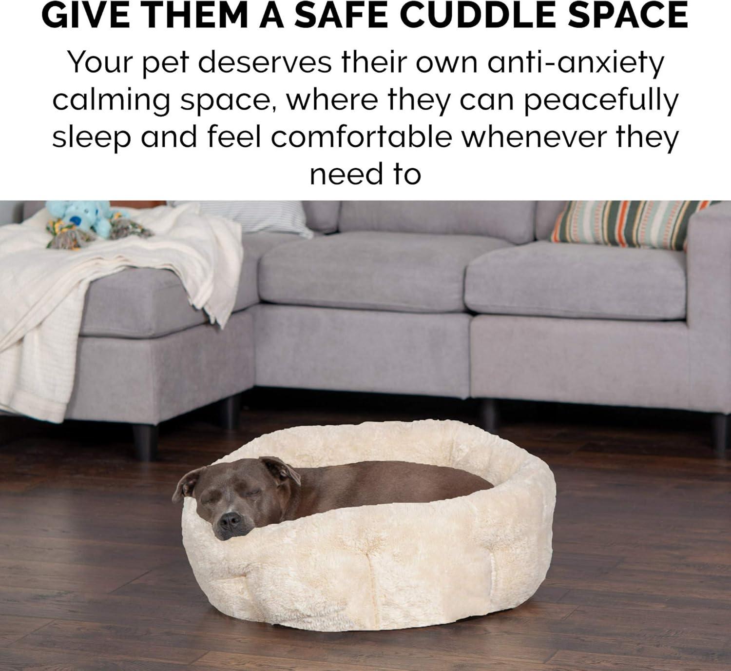 imageFurhaven 20quot Round SelfWarming Pet Bed for Indoor Cats ampamp Small Dogs 100 Washable For Pets Up to 20 lbs Hi Lo Plush Luxe Faux Fur Cuddler Cream SmallHi Lo Cuddler Faux Fur Cream
