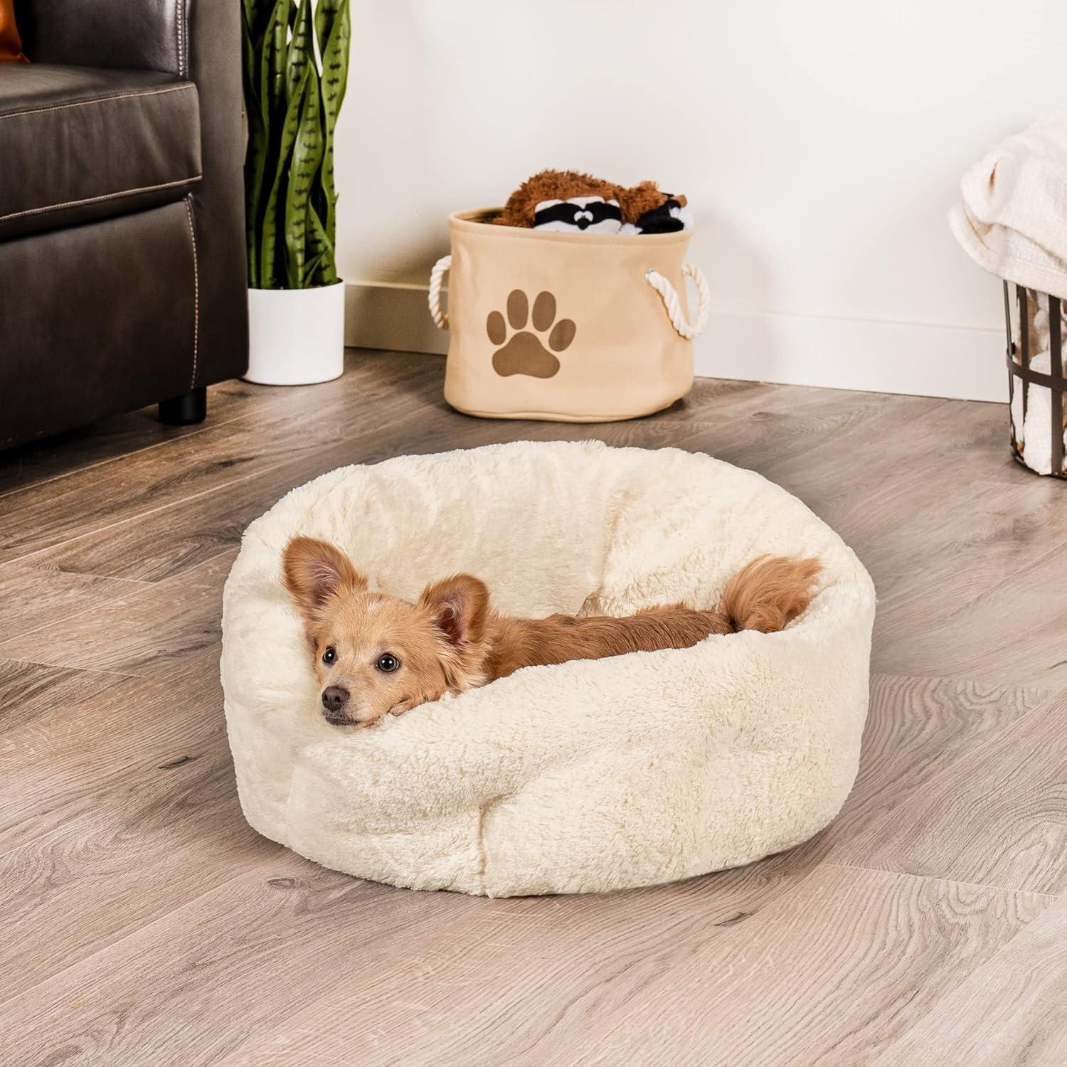 imageFurhaven 20quot Round SelfWarming Pet Bed for Indoor Cats ampamp Small Dogs 100 Washable For Pets Up to 20 lbs Hi Lo Plush Luxe Faux Fur Cuddler Cream SmallHi Lo Cuddler Faux Fur Cream
