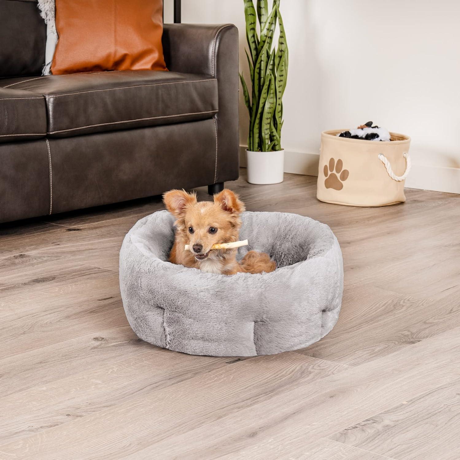 imageFurhaven 20quot Round SelfWarming Pet Bed for Indoor Cats ampamp Small Dogs 100 Washable For Pets Up to 20 lbs Hi Lo Plush Luxe Faux Fur Cuddler Cream SmallHi Lo Cuddler Faux Fur Gray