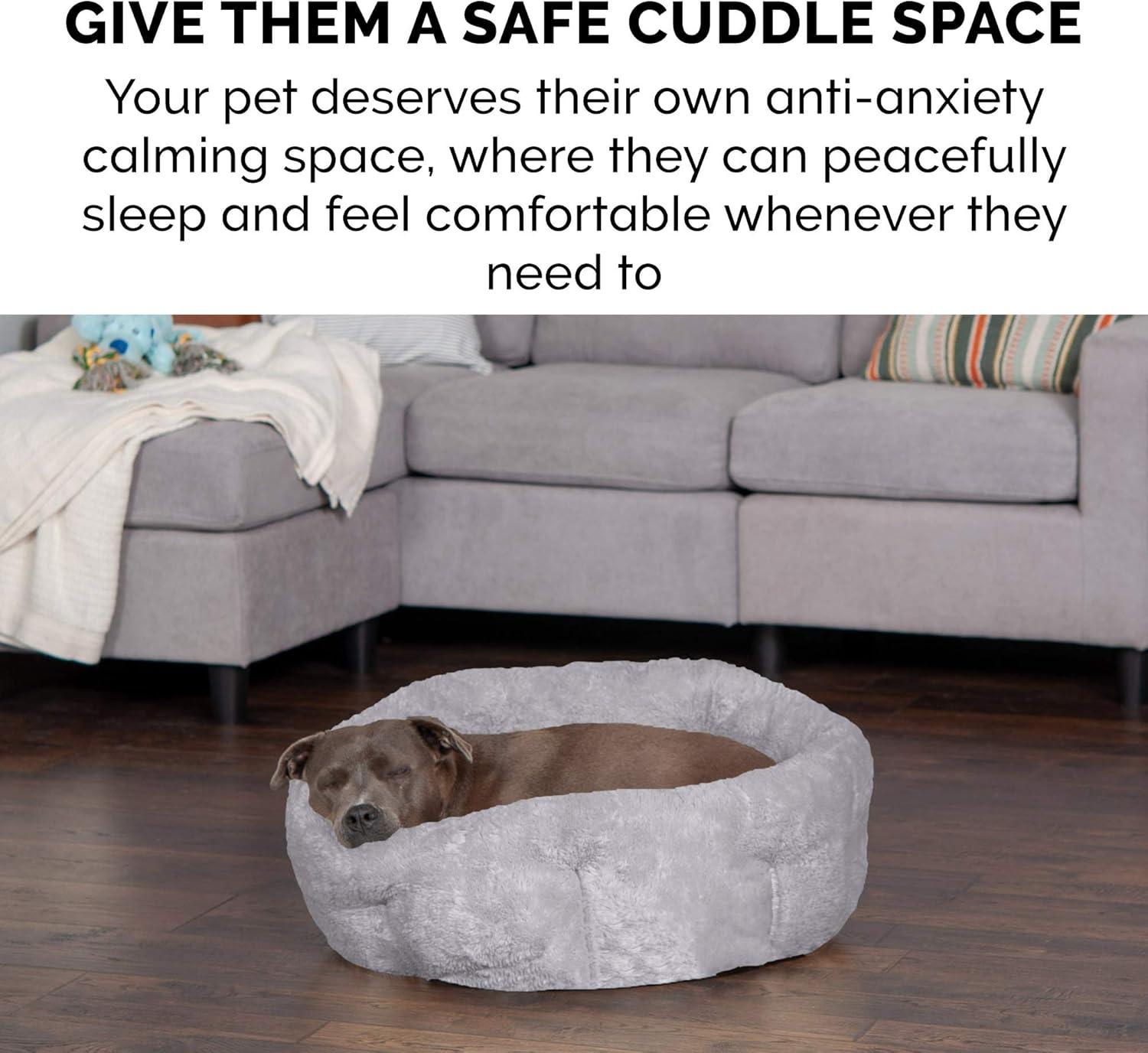 imageFurhaven 20quot Round SelfWarming Pet Bed for Indoor Cats ampamp Small Dogs 100 Washable For Pets Up to 20 lbs Hi Lo Plush Luxe Faux Fur Cuddler Cream SmallHi Lo Cuddler Faux Fur Gray