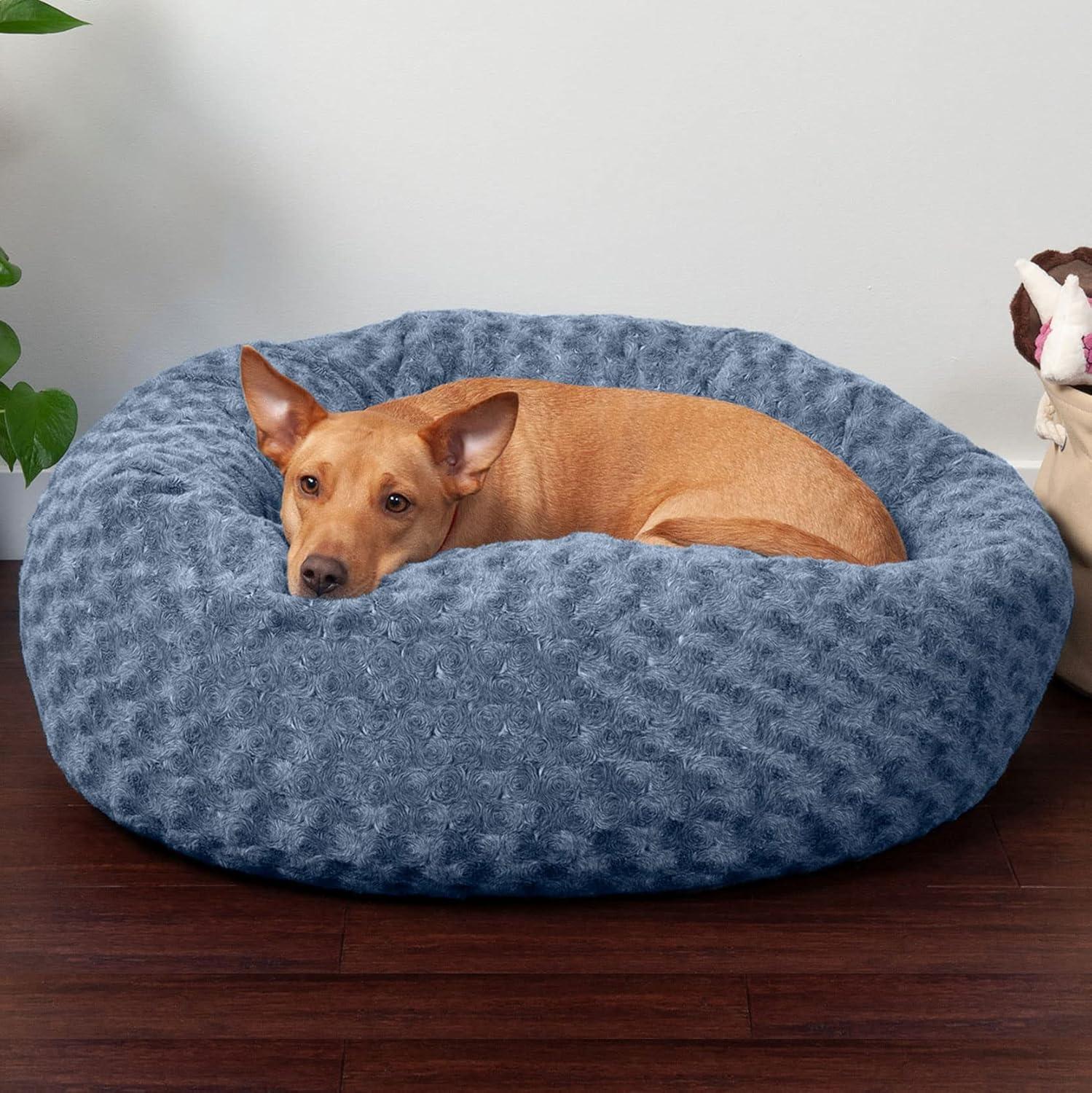 imageFurhaven 23quot Round Donut Dog Bed for Indoor Cats ampamp Small Dogs Washable For Dogs Up to 20 lbs Plush ampamp Diamond Print Donut Bed Gray SmallCurly Faux Fur Fresh Blueberry