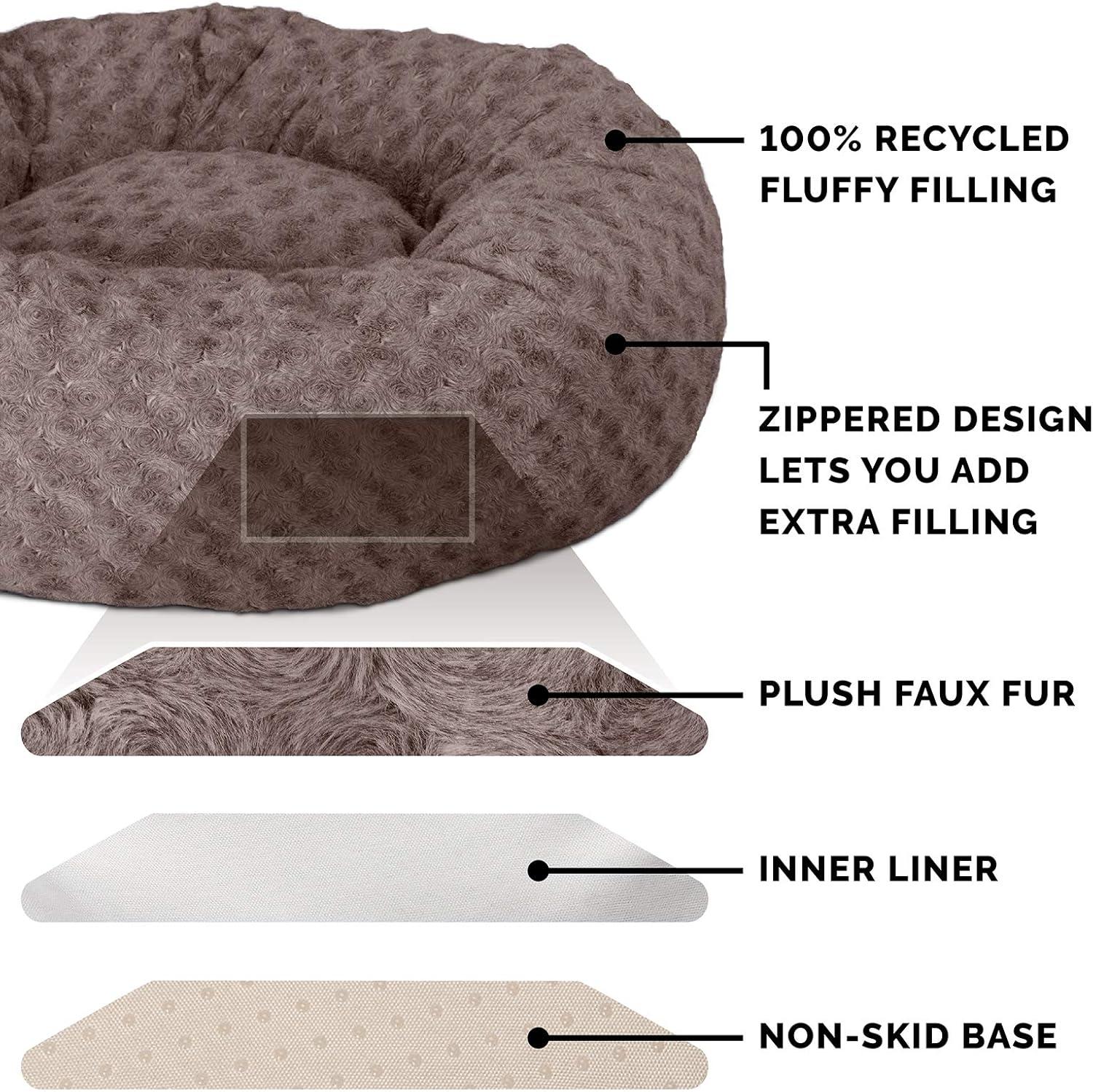 imageFurhaven 23quot Round Donut Dog Bed for Indoor Cats ampamp Small Dogs Washable For Dogs Up to 20 lbs Plush ampamp Diamond Print Donut Bed Gray SmallCurly Faux Fur Cocoa Dust