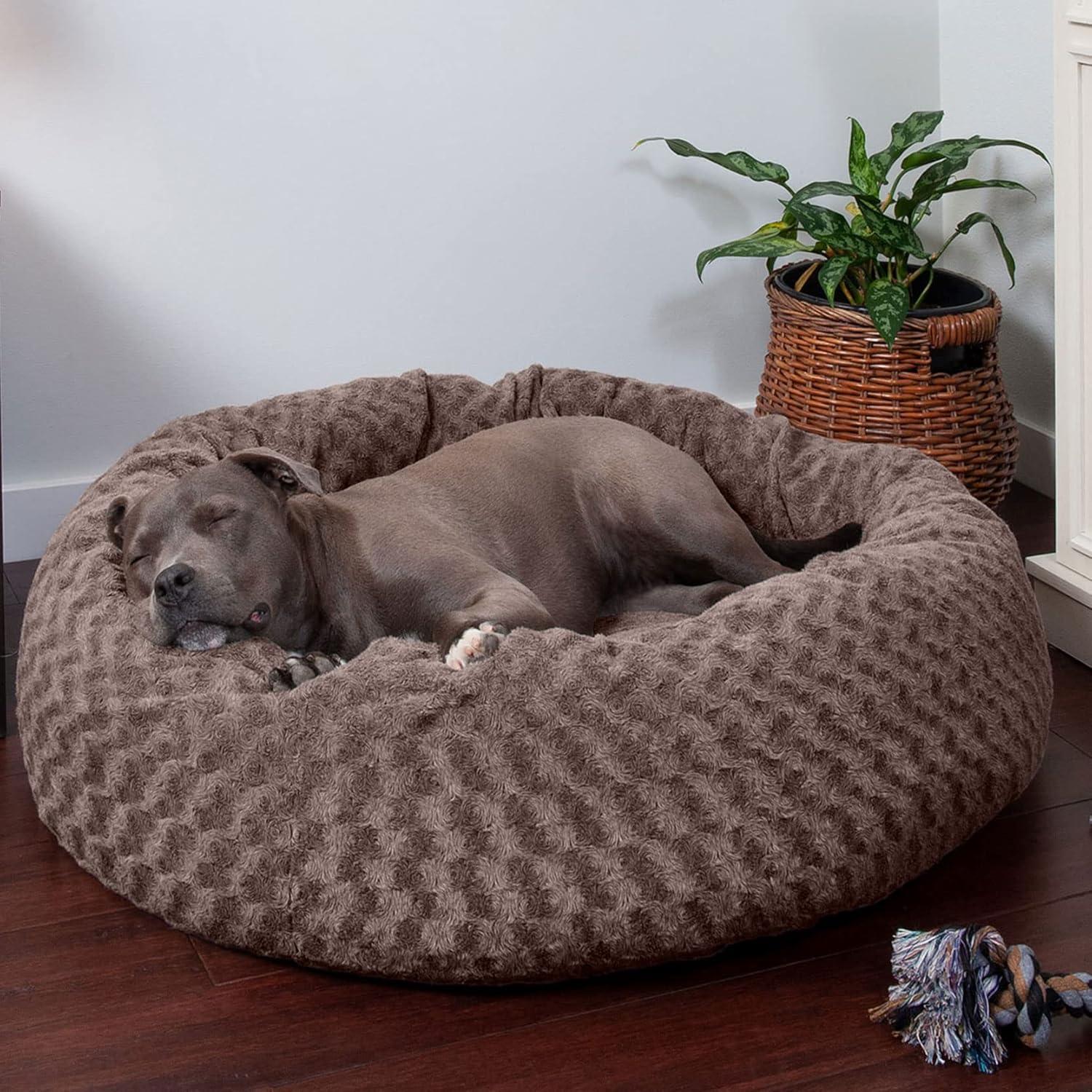 imageFurhaven 23quot Round Donut Dog Bed for Indoor Cats ampamp Small Dogs Washable For Dogs Up to 20 lbs Plush ampamp Diamond Print Donut Bed Gray SmallCurly Faux Fur Cocoa Dust
