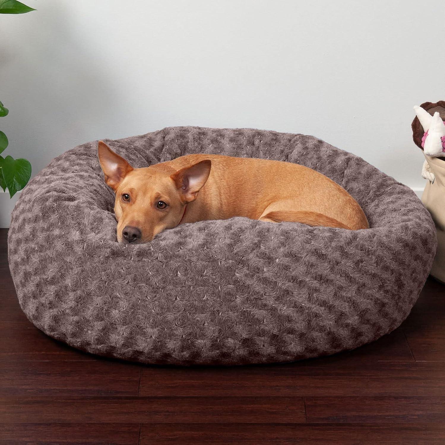 imageFurhaven 23quot Round Donut Dog Bed for Indoor Cats ampamp Small Dogs Washable For Dogs Up to 20 lbs Plush ampamp Diamond Print Donut Bed Gray SmallCurly Faux Fur Cocoa Dust
