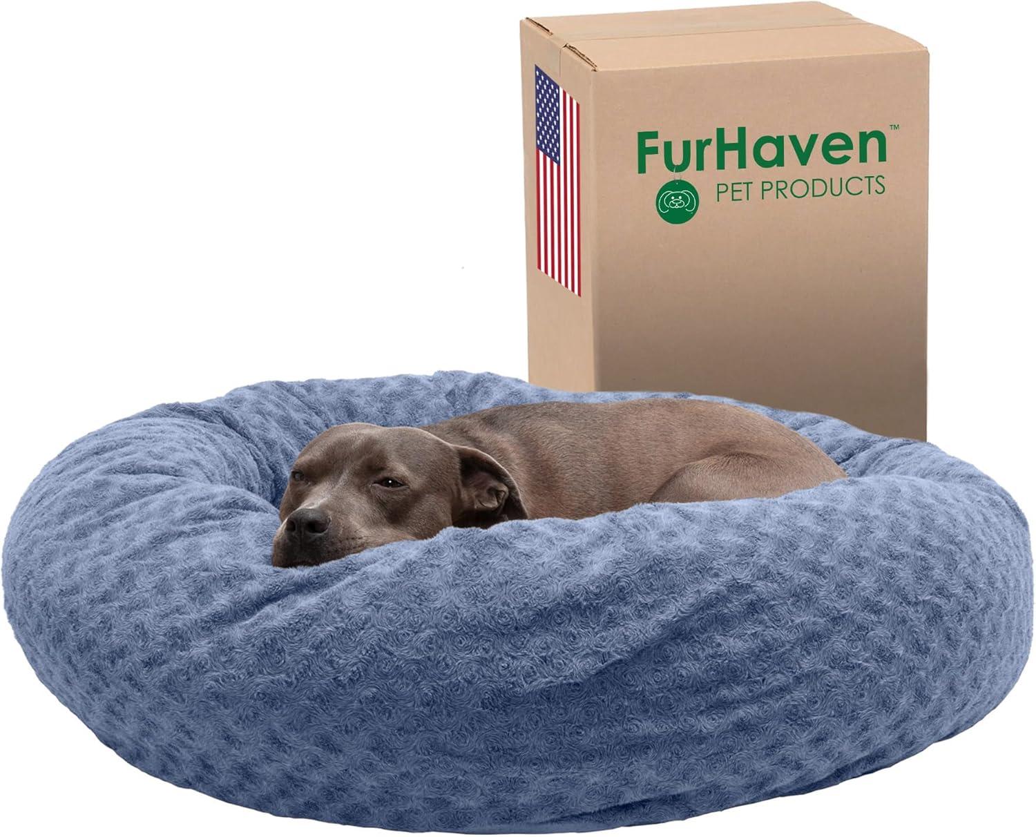 imageFurhaven 23quot Round Donut Dog Bed for Indoor Cats ampamp Small Dogs Washable For Dogs Up to 20 lbs Plush ampamp Diamond Print Donut Bed Gray SmallCurly Faux Fur Fresh Blueberry