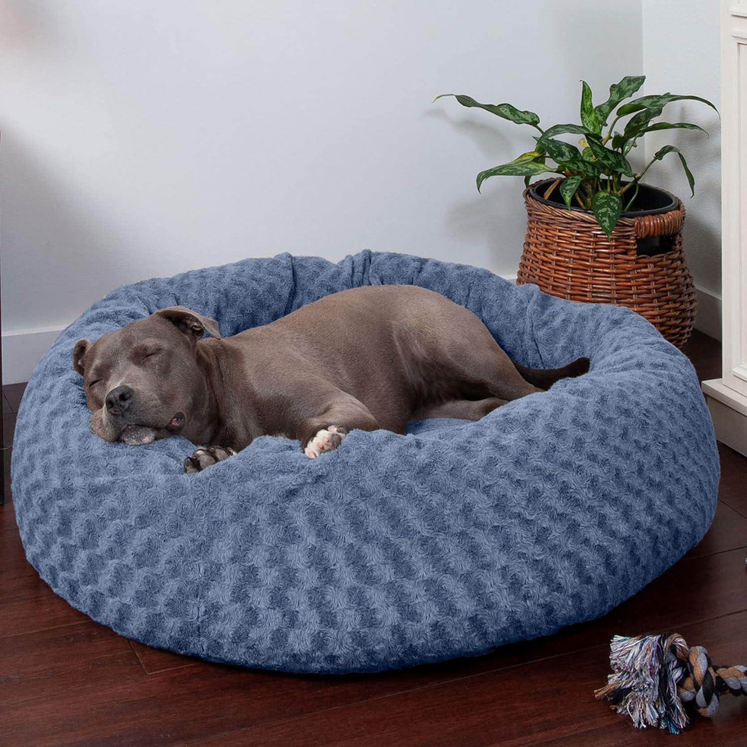 imageFurhaven 23quot Round Donut Dog Bed for Indoor Cats ampamp Small Dogs Washable For Dogs Up to 20 lbs Plush ampamp Diamond Print Donut Bed Gray SmallCurly Faux Fur Fresh Blueberry