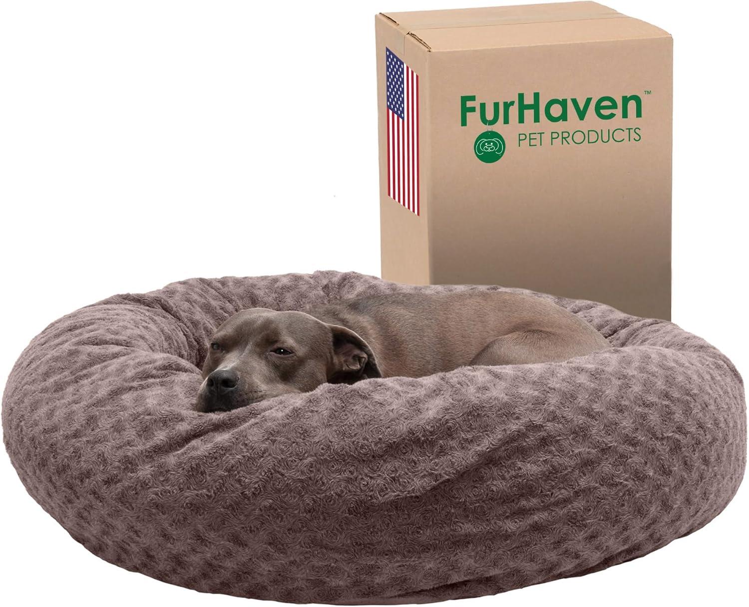 imageFurhaven 23quot Round Donut Dog Bed for Indoor Cats ampamp Small Dogs Washable For Dogs Up to 20 lbs Plush ampamp Diamond Print Donut Bed Gray SmallCurly Faux Fur Cocoa Dust