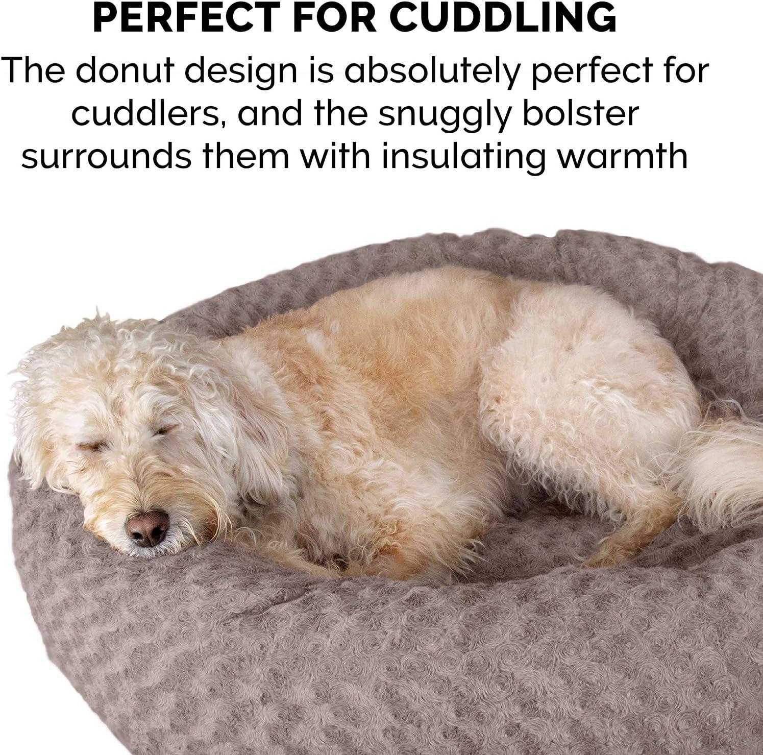 imageFurhaven 23quot Round Donut Dog Bed for Indoor Cats ampamp Small Dogs Washable For Dogs Up to 20 lbs Plush ampamp Diamond Print Donut Bed Gray SmallCurly Faux Fur Cocoa Dust