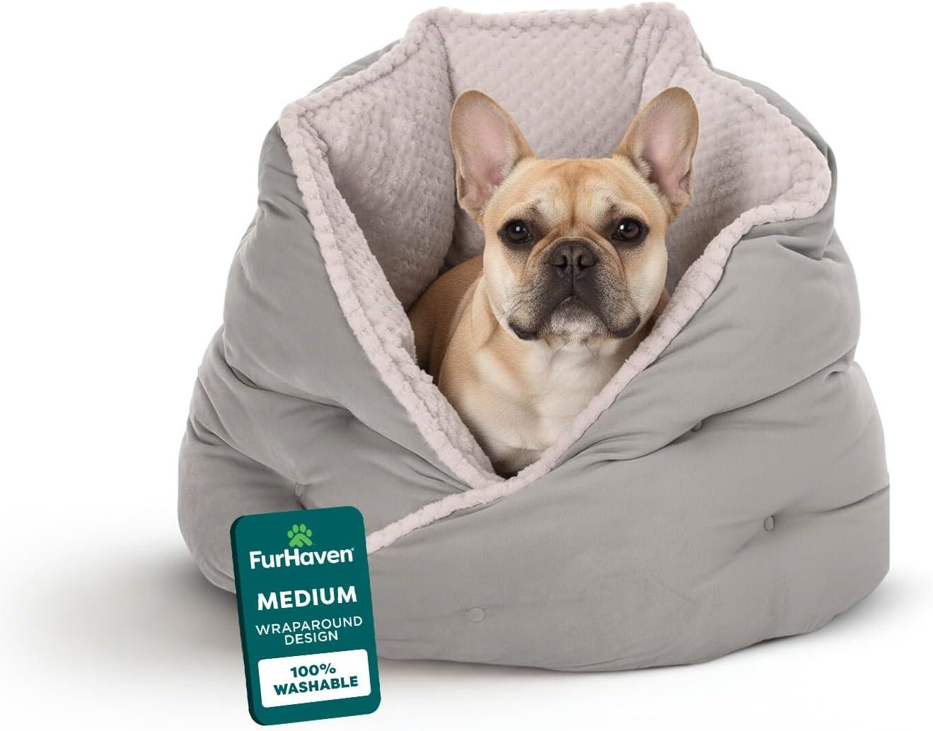 imageFurhaven 24quot Round Pet Bed for Indoor Cats ampamp MediumSmall Dogs 100 Washable For Pets Up to 35 lbs Minky Plush ampamp Velvet Hug Bed Silver Gray 24inchHug Bed Minky Velvet Silver Gray