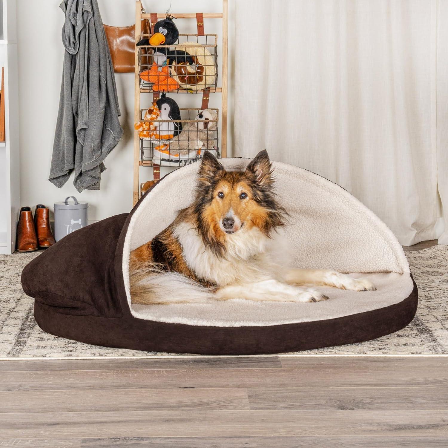 imageFurhaven 26quot Round Cooling Gel Dog Bed for MediumSmall Dogs w Removable Washable Cover For Dogs Up to 30 lbs Sherpa ampamp Suede Snuggery Espresso 26inchFaux Lambswool Suede Espresso