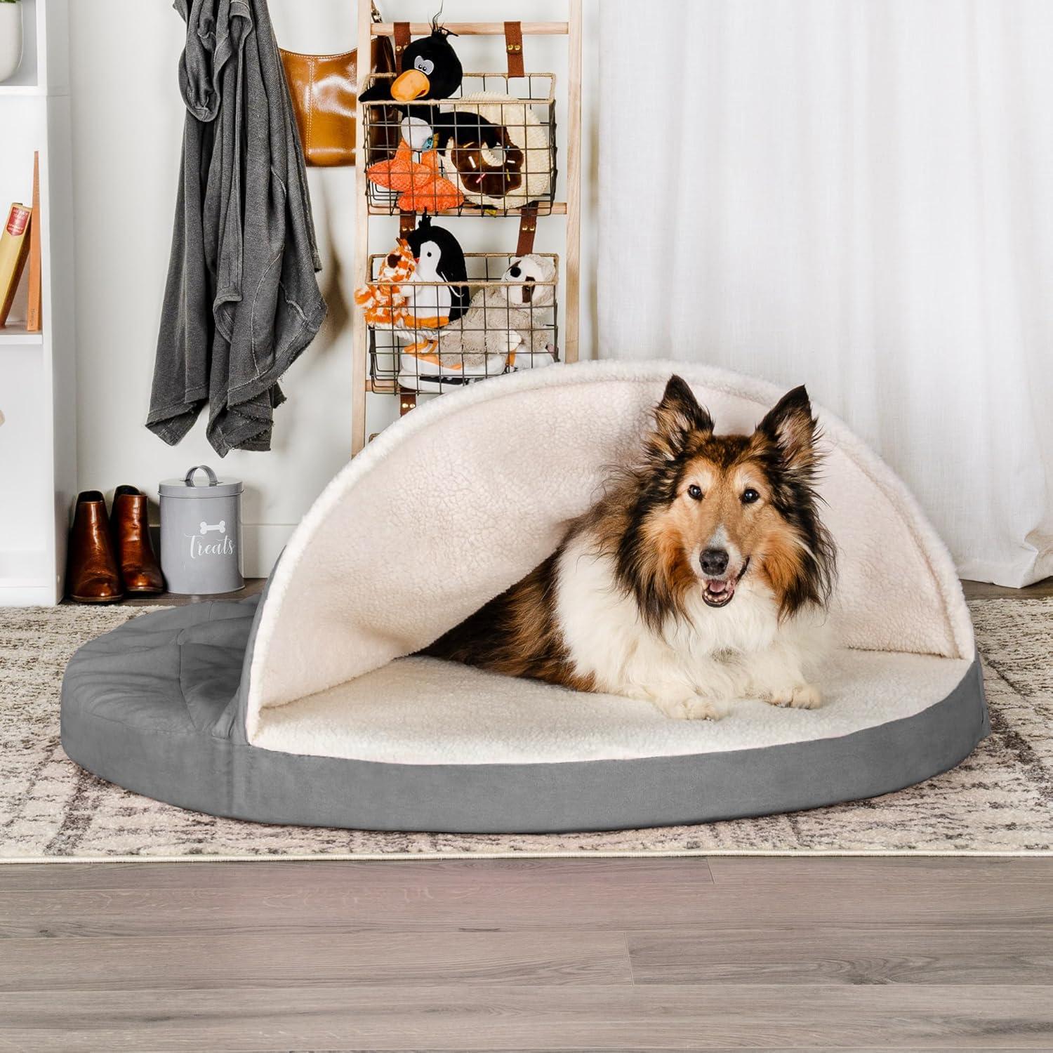 imageFurhaven 26quot Round Cooling Gel Dog Bed for MediumSmall Dogs w Removable Washable Cover For Dogs Up to 30 lbs Sherpa ampamp Suede Snuggery Espresso 26inchFaux Lambswool Suede Gray