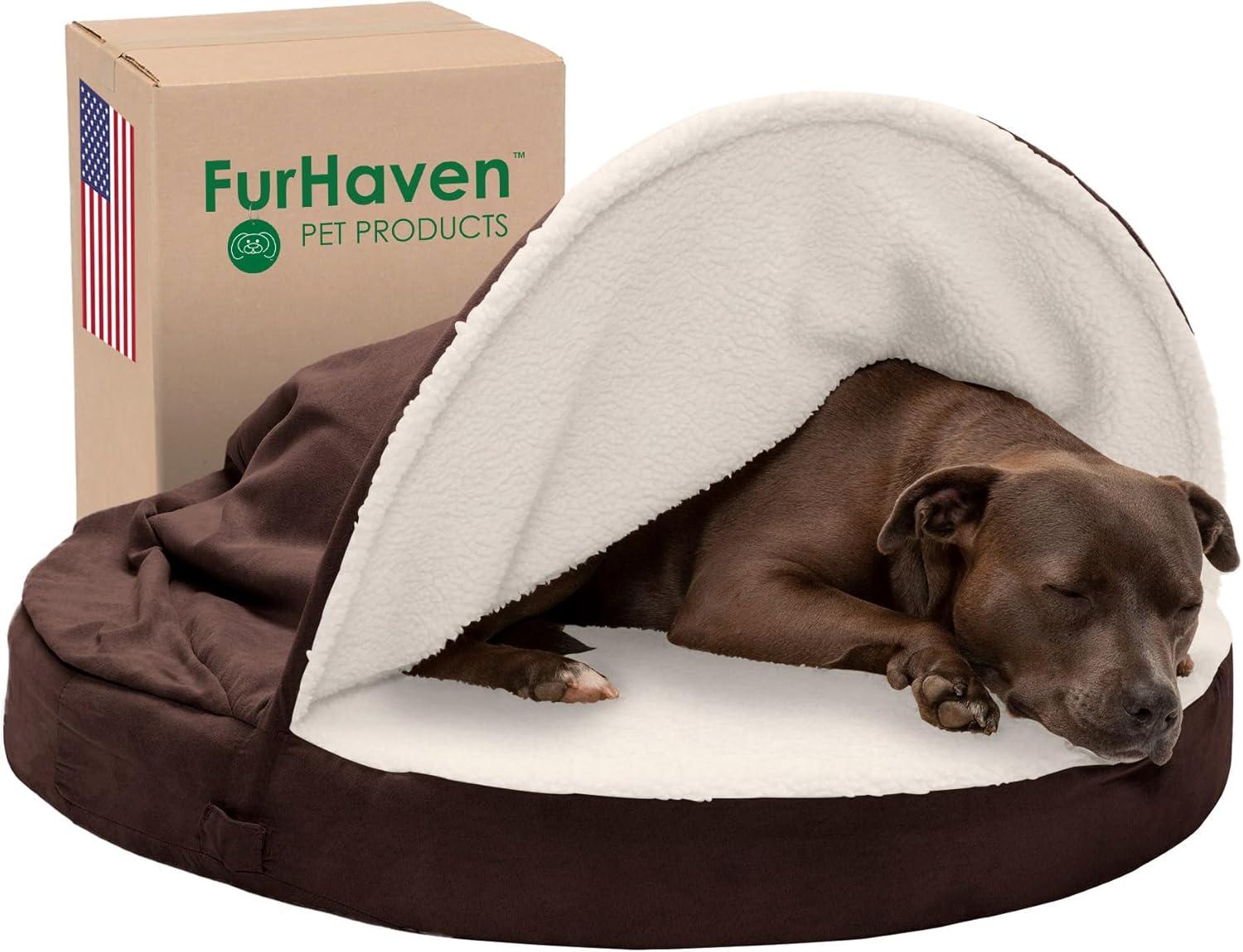 imageFurhaven 26quot Round Cooling Gel Dog Bed for MediumSmall Dogs w Removable Washable Cover For Dogs Up to 30 lbs Sherpa ampamp Suede Snuggery Espresso 26inchFaux Lambswool Suede Espresso