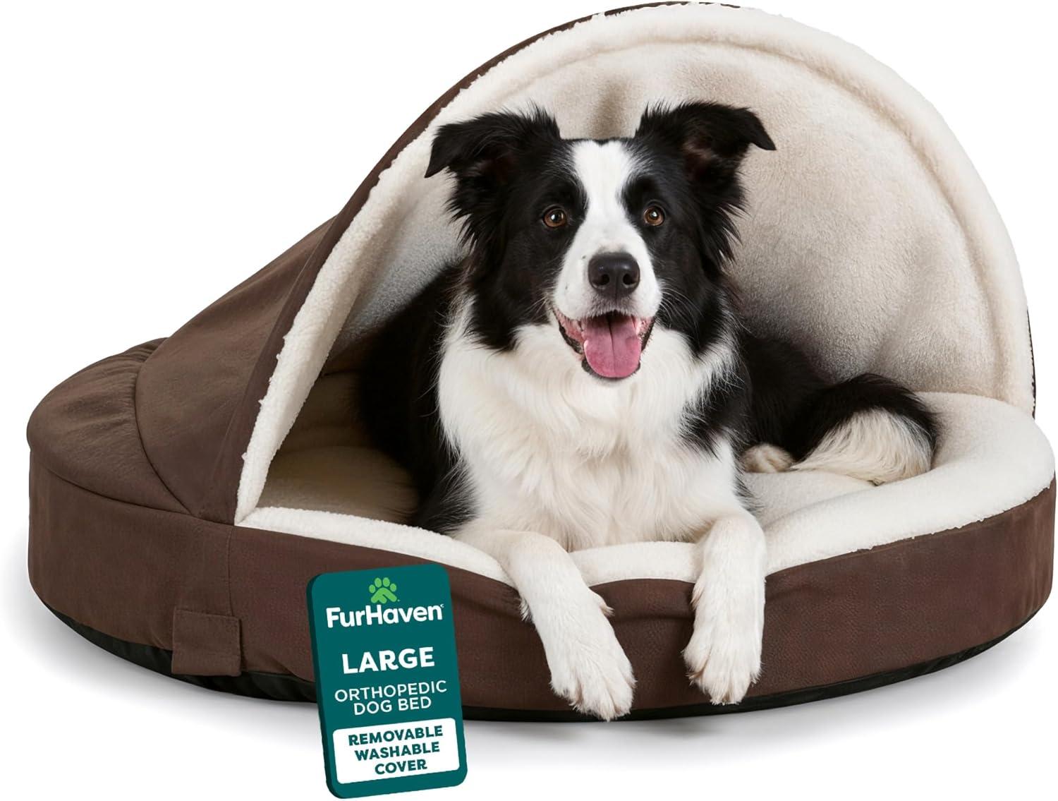 imageFurhaven 44quot Round Orthopedic Dog Bed for Large Dogs w Removable Washable Cover For Dogs Up to 80 lbs Sherpa ampamp Suede Snuggery Gray 44inchEspresso