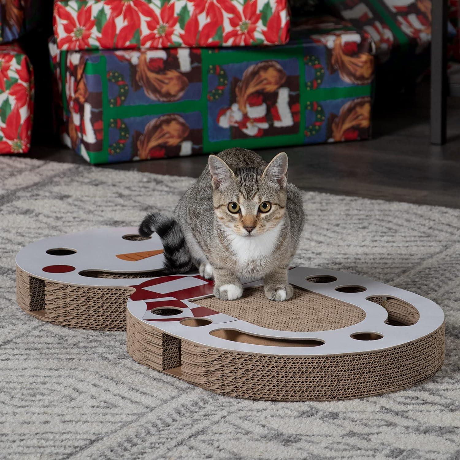 imageFurhaven Cardboard Cat House w Catnip for Indoor Cats Ft Scratching Pad ampamp Hanging Toys Decorated Gingerbread House Holiday Cat Scratcher Hideout Christmas Print One SizeHoliday Busy Box Snowman