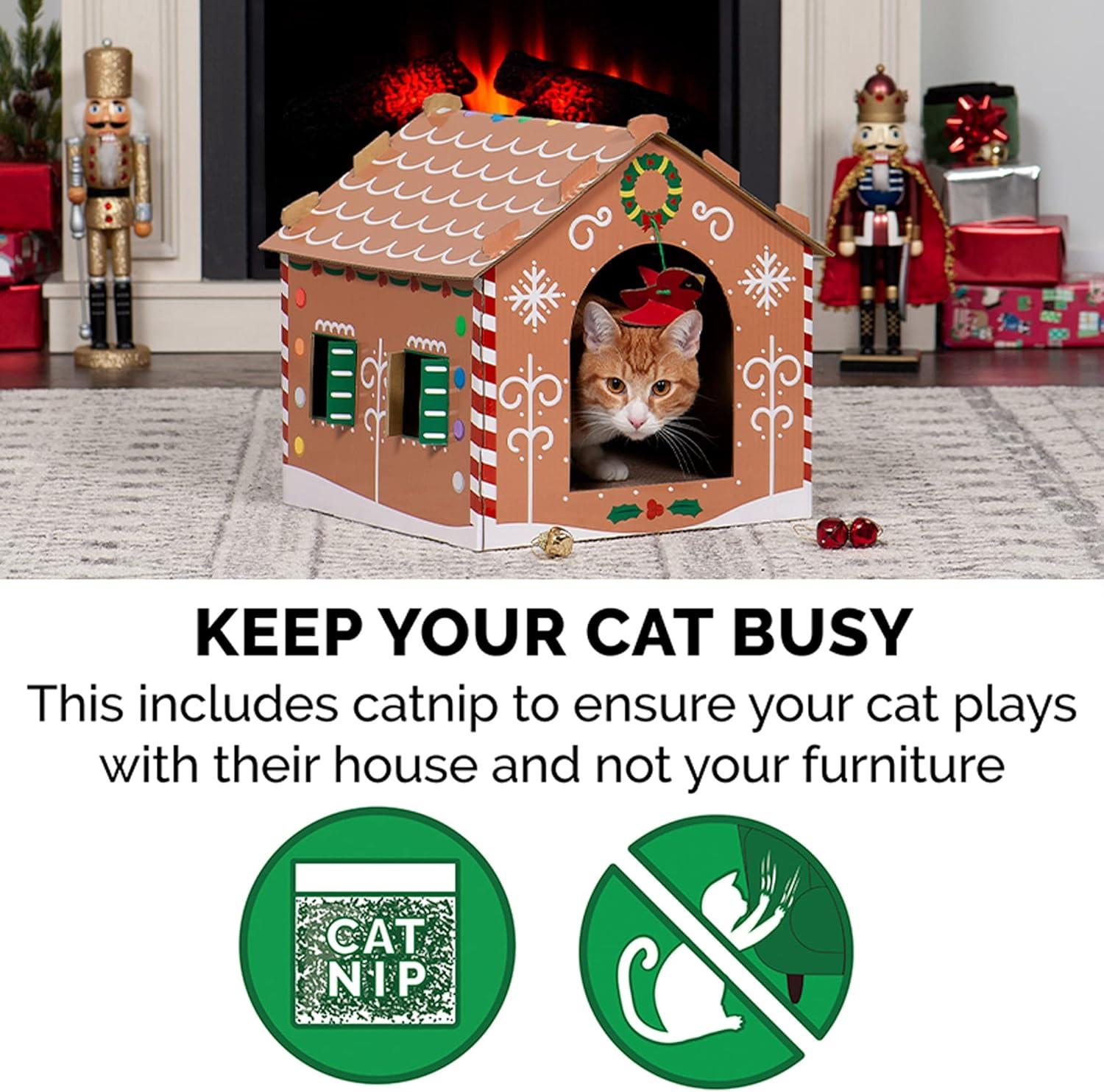 imageFurhaven Cardboard Cat House w Catnip for Indoor Cats Ft Scratching Pad ampamp Hanging Toys Decorated Gingerbread House Holiday Cat Scratcher Hideout Christmas Print One SizeGingerbread Christmas House
