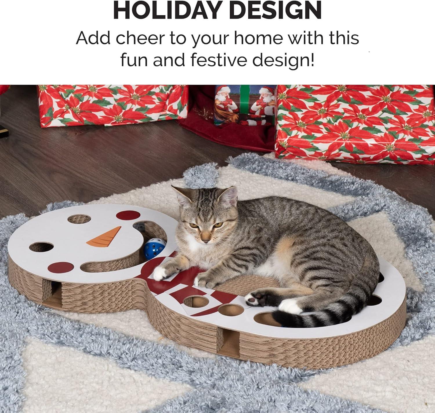 imageFurhaven Cardboard Cat House w Catnip for Indoor Cats Ft Scratching Pad ampamp Hanging Toys Decorated Gingerbread House Holiday Cat Scratcher Hideout Christmas Print One SizeHoliday Busy Box Snowman