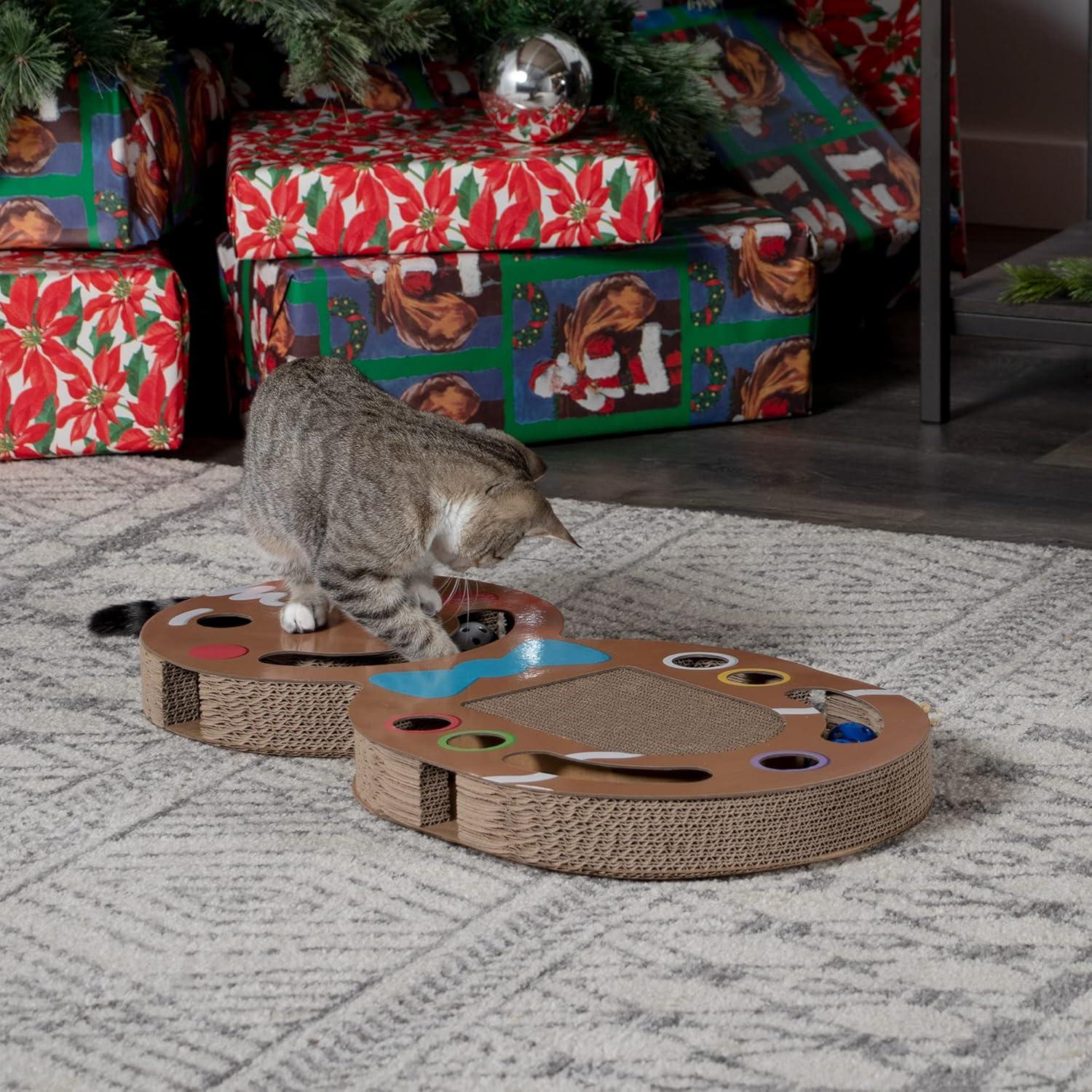 imageFurhaven Cardboard Cat House w Catnip for Indoor Cats Ft Scratching Pad ampamp Hanging Toys Decorated Gingerbread House Holiday Cat Scratcher Hideout Christmas Print One SizeHoliday Busy Box Gingerbread Man