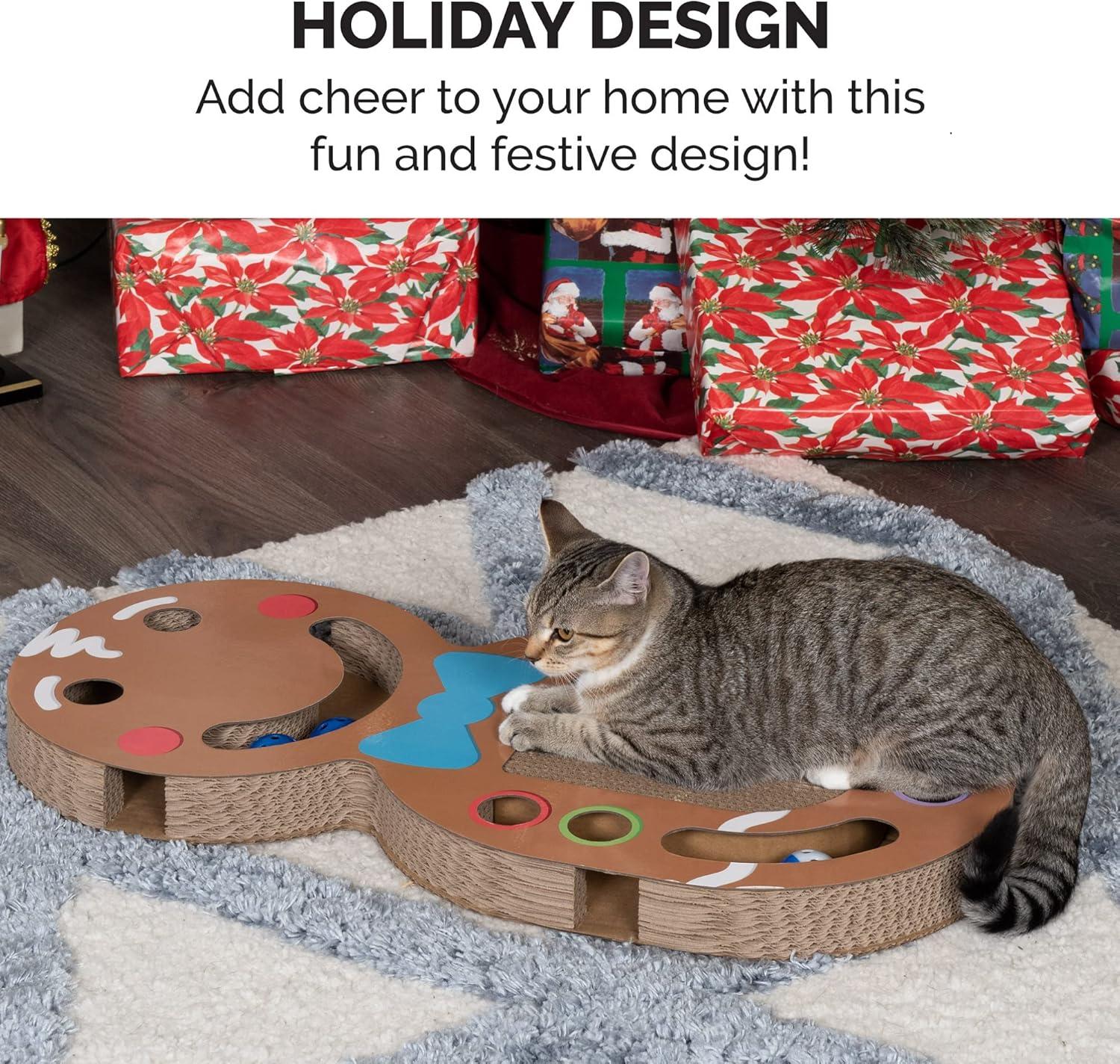 imageFurhaven Cardboard Cat House w Catnip for Indoor Cats Ft Scratching Pad ampamp Hanging Toys Decorated Gingerbread House Holiday Cat Scratcher Hideout Christmas Print One SizeHoliday Busy Box Gingerbread Man