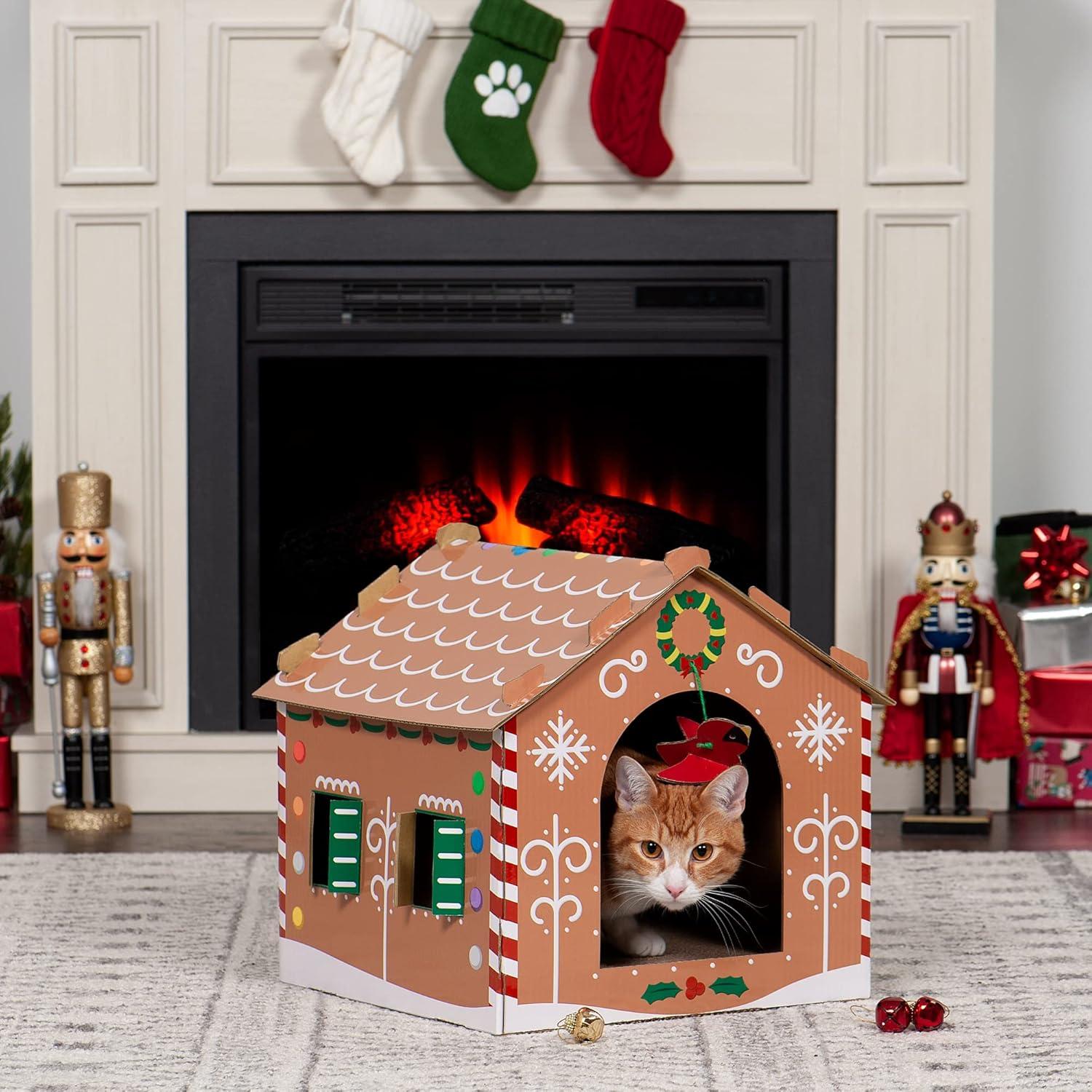 imageFurhaven Cardboard Cat House w Catnip for Indoor Cats Ft Scratching Pad ampamp Hanging Toys Decorated Gingerbread House Holiday Cat Scratcher Hideout Christmas Print One SizeGingerbread Christmas House