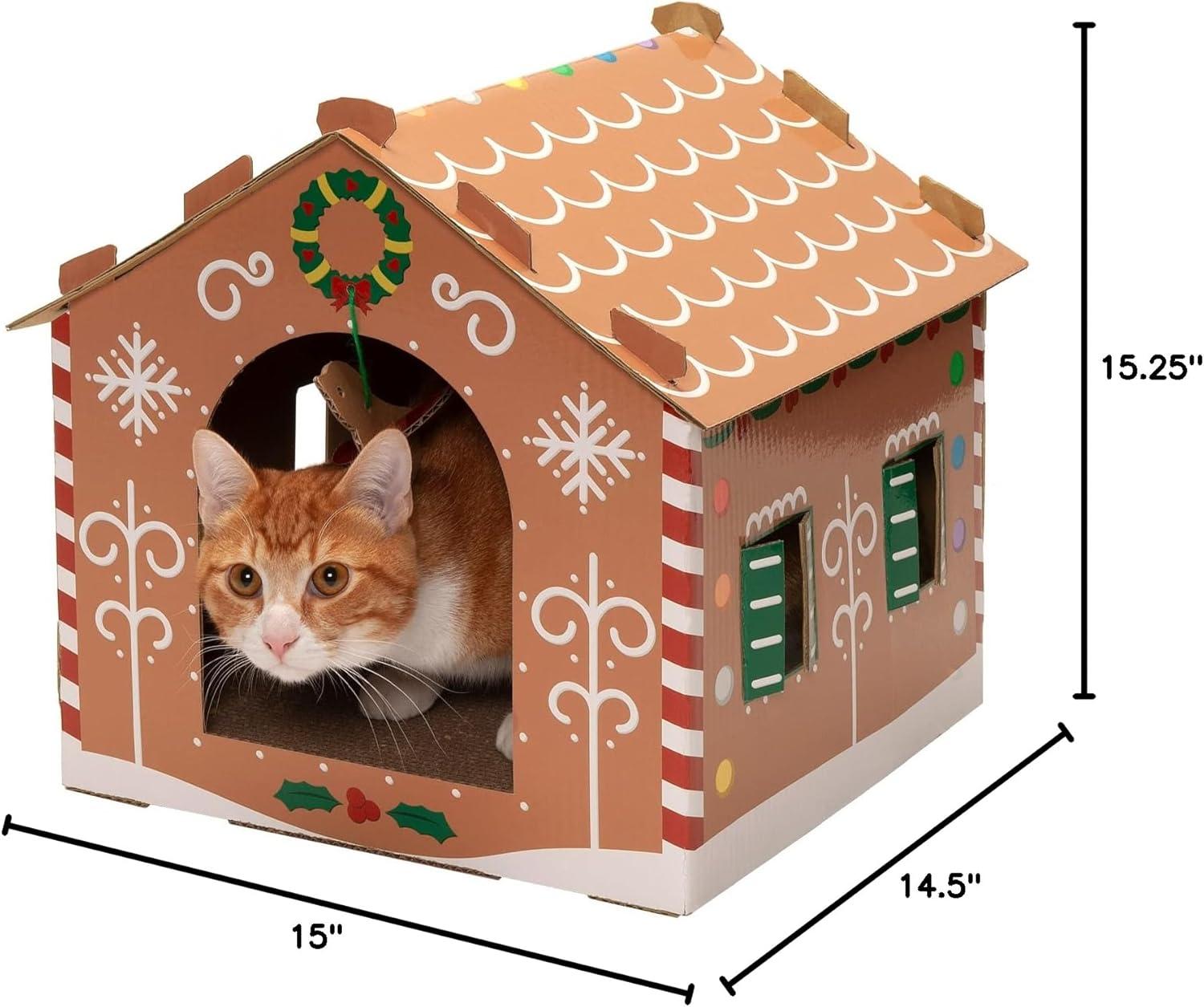 imageFurhaven Cardboard Cat House w Catnip for Indoor Cats Ft Scratching Pad ampamp Hanging Toys Decorated Gingerbread House Holiday Cat Scratcher Hideout Christmas Print One SizeGingerbread Christmas House