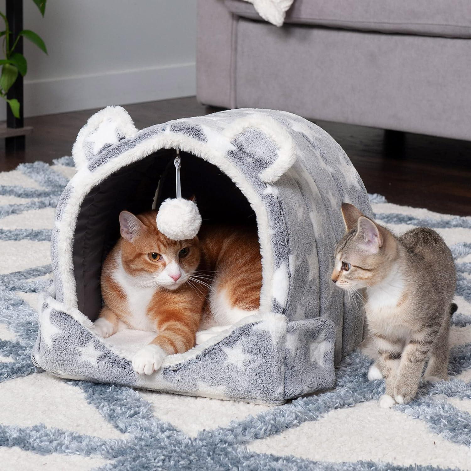 imageFurhaven Cat Bed Snuggle Hideout for Indoor Cats ampamp Small Dogs Washable ampamp Foldable w Plush Ball Toy Snuggle Hideout Pet Tent Pink Stars SmallCozy Cave Fleece Faux Fur Silver Stars