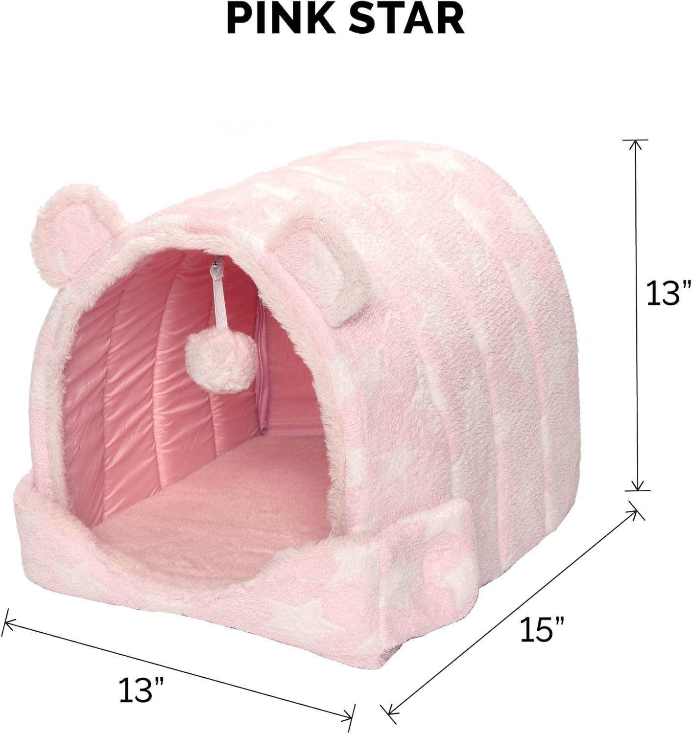 imageFurhaven Cat Bed Snuggle Hideout for Indoor Cats ampamp Small Dogs Washable ampamp Foldable w Plush Ball Toy Snuggle Hideout Pet Tent Pink Stars SmallCozy Cave Fleece Faux Fur Pink Stars
