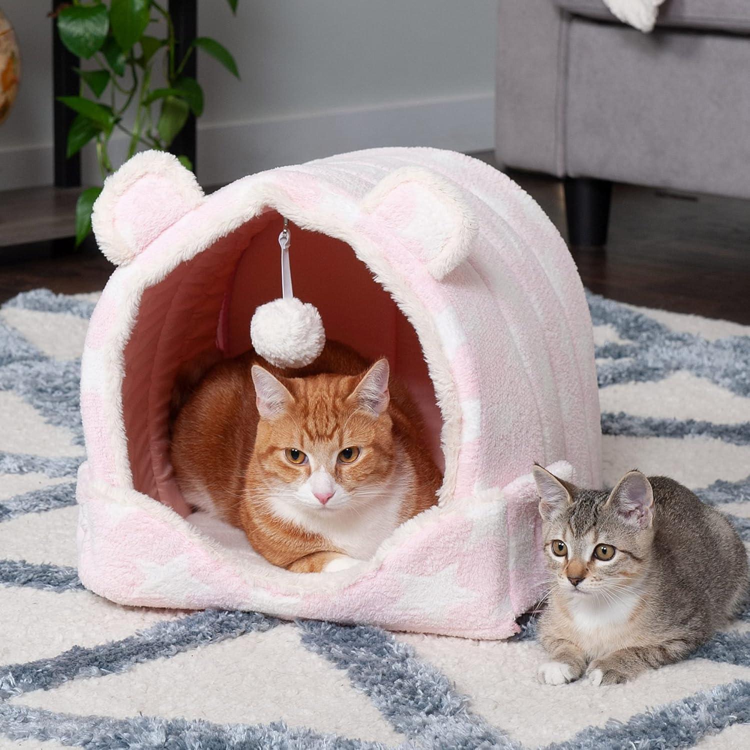 imageFurhaven Cat Bed Snuggle Hideout for Indoor Cats ampamp Small Dogs Washable ampamp Foldable w Plush Ball Toy Snuggle Hideout Pet Tent Pink Stars SmallCozy Cave Fleece Faux Fur Pink Stars