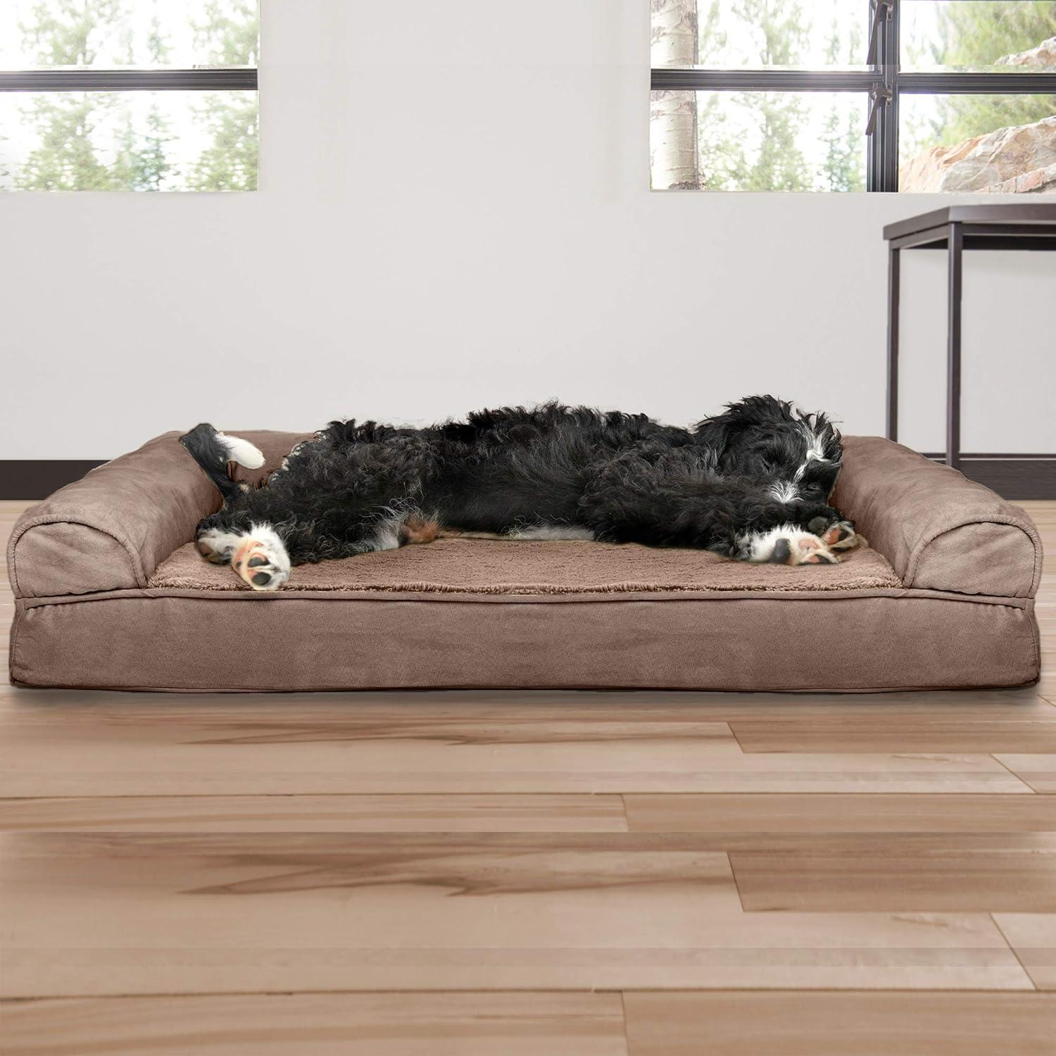 imageFurhaven Cooling Gel Dog Bed for Large Dogs w Removable Bolsters ampamp Washable Cover For Dogs Up to 95 lbs Plush ampamp Suede Sofa Deep Pool JumboXLAlmondine