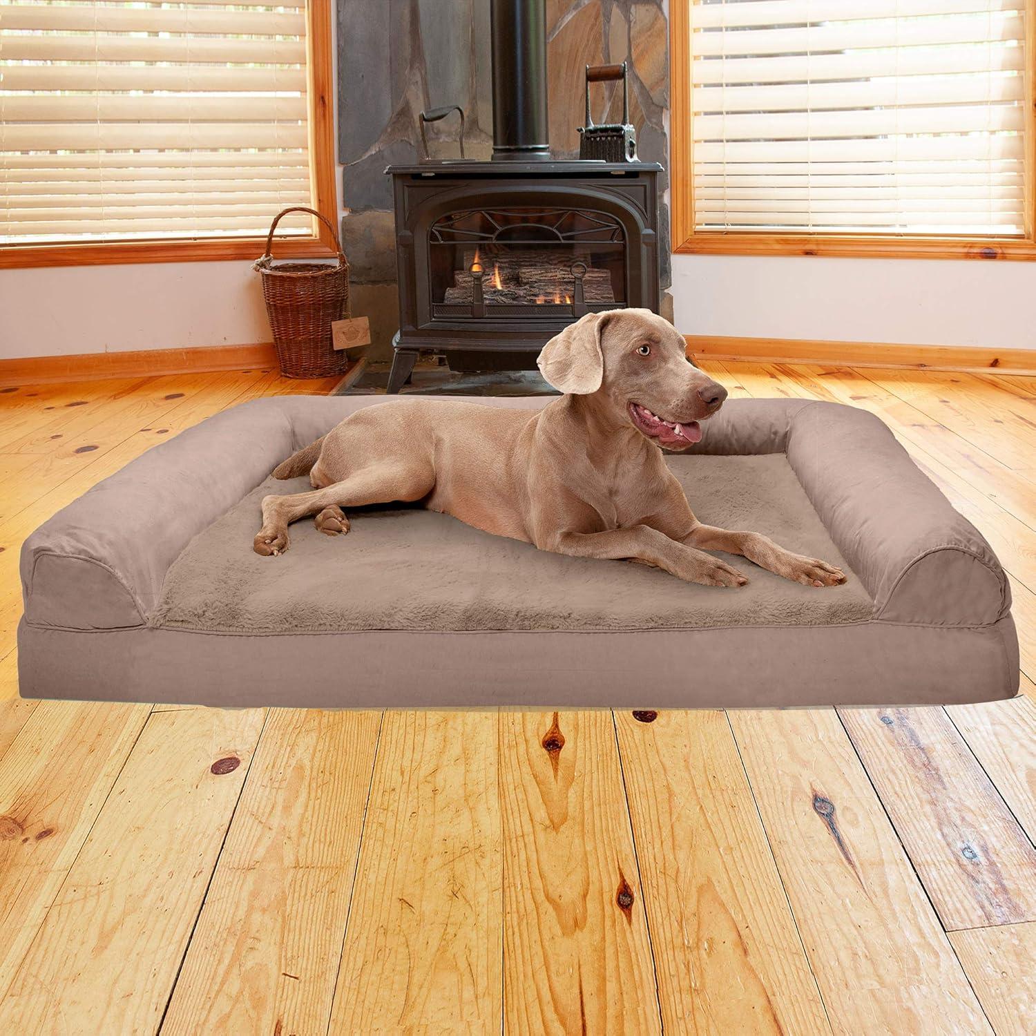 imageFurhaven Cooling Gel Dog Bed for Large Dogs w Removable Bolsters ampamp Washable Cover For Dogs Up to 95 lbs Plush ampamp Suede Sofa Deep Pool JumboXLAlmondine