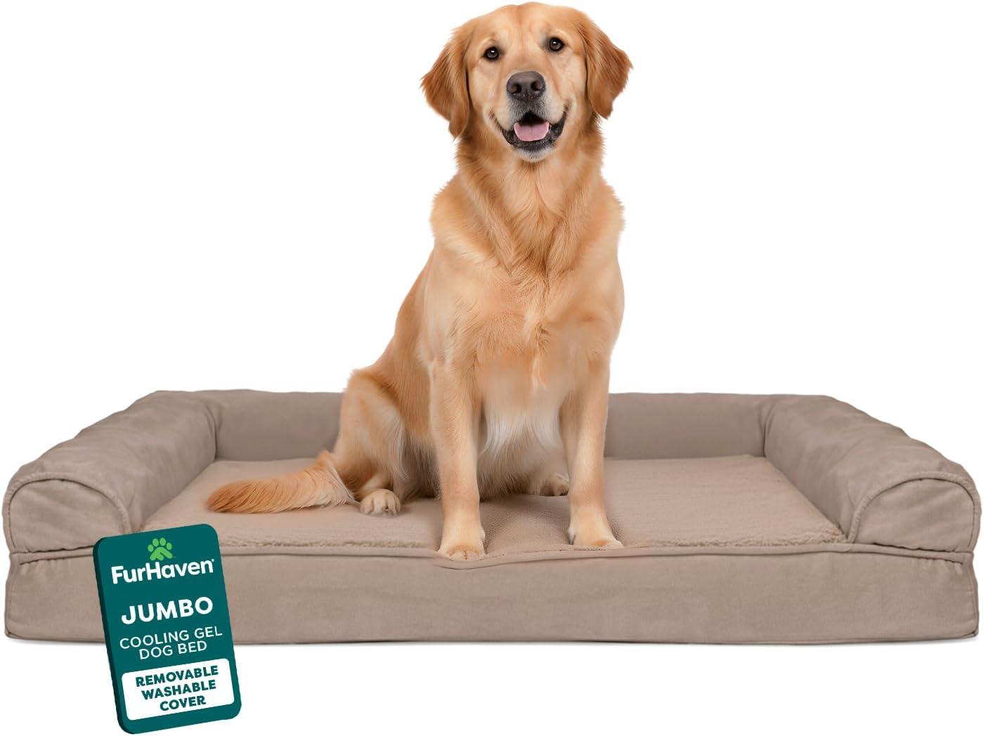 imageFurhaven Cooling Gel Dog Bed for Large Dogs w Removable Bolsters ampamp Washable Cover For Dogs Up to 95 lbs Plush ampamp Suede Sofa Deep Pool JumboXLAlmondine