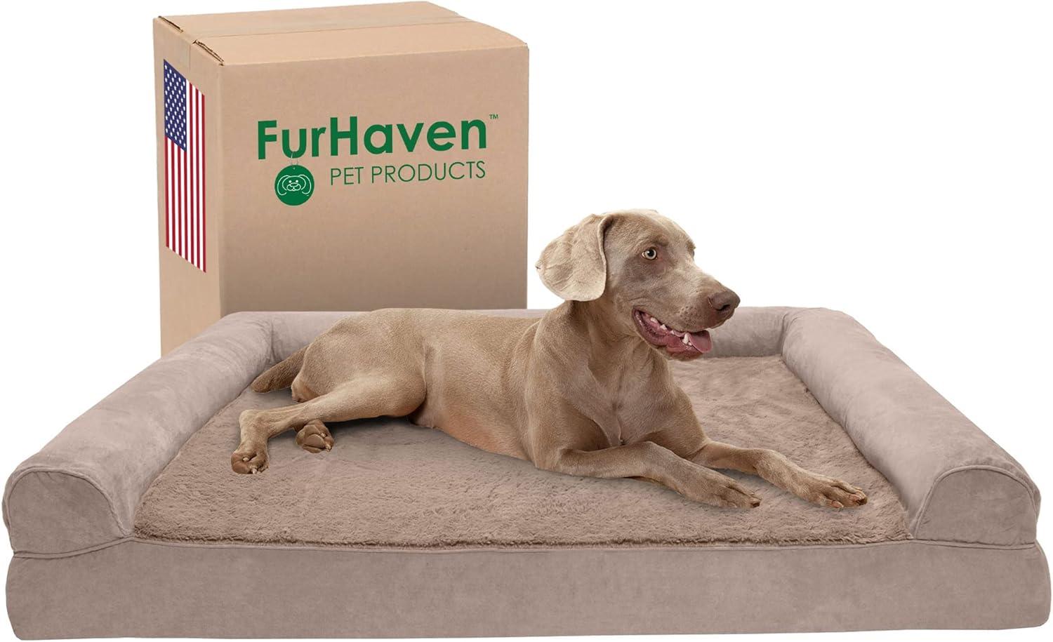 imageFurhaven Cooling Gel Dog Bed for Large Dogs w Removable Bolsters ampamp Washable Cover For Dogs Up to 95 lbs Plush ampamp Suede Sofa Deep Pool JumboXLAlmondine