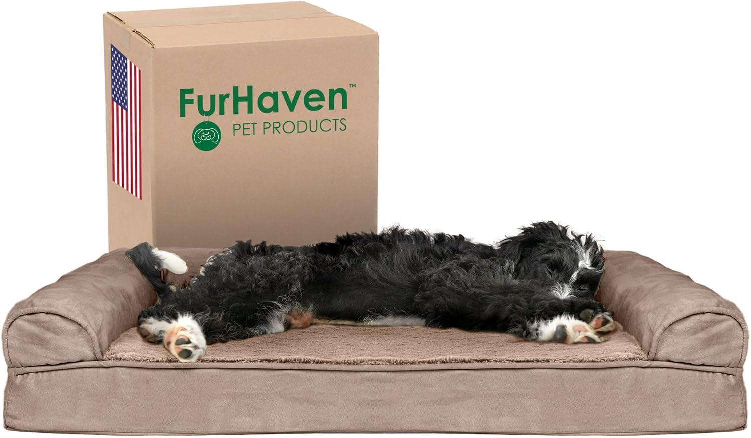imageFurhaven Cooling Gel Dog Bed for Large Dogs w Removable Bolsters ampamp Washable Cover For Dogs Up to 95 lbs Plush ampamp Suede Sofa Deep Pool JumboXLAlmondine