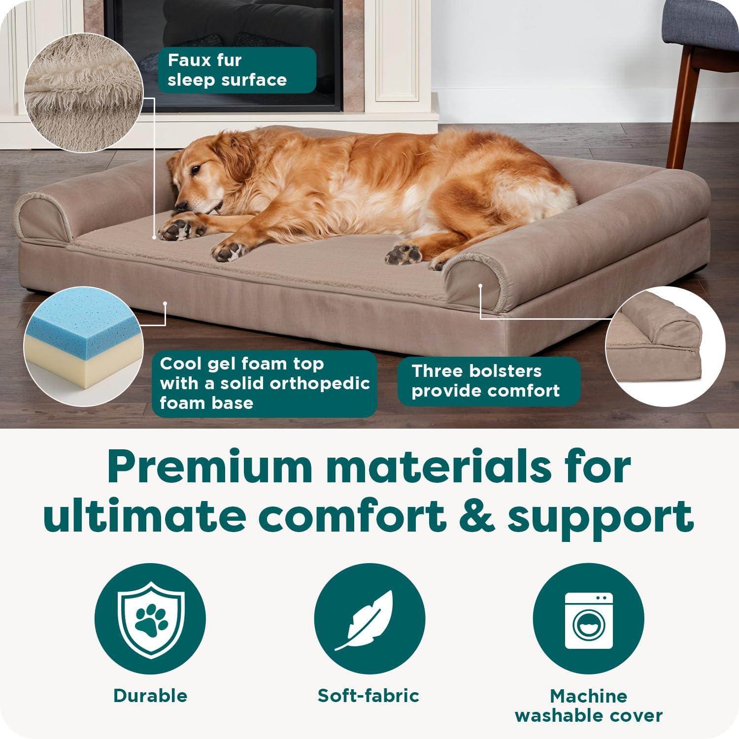 imageFurhaven Cooling Gel Dog Bed for Large Dogs w Removable Bolsters ampamp Washable Cover For Dogs Up to 95 lbs Plush ampamp Suede Sofa Deep Pool JumboXLAlmondine