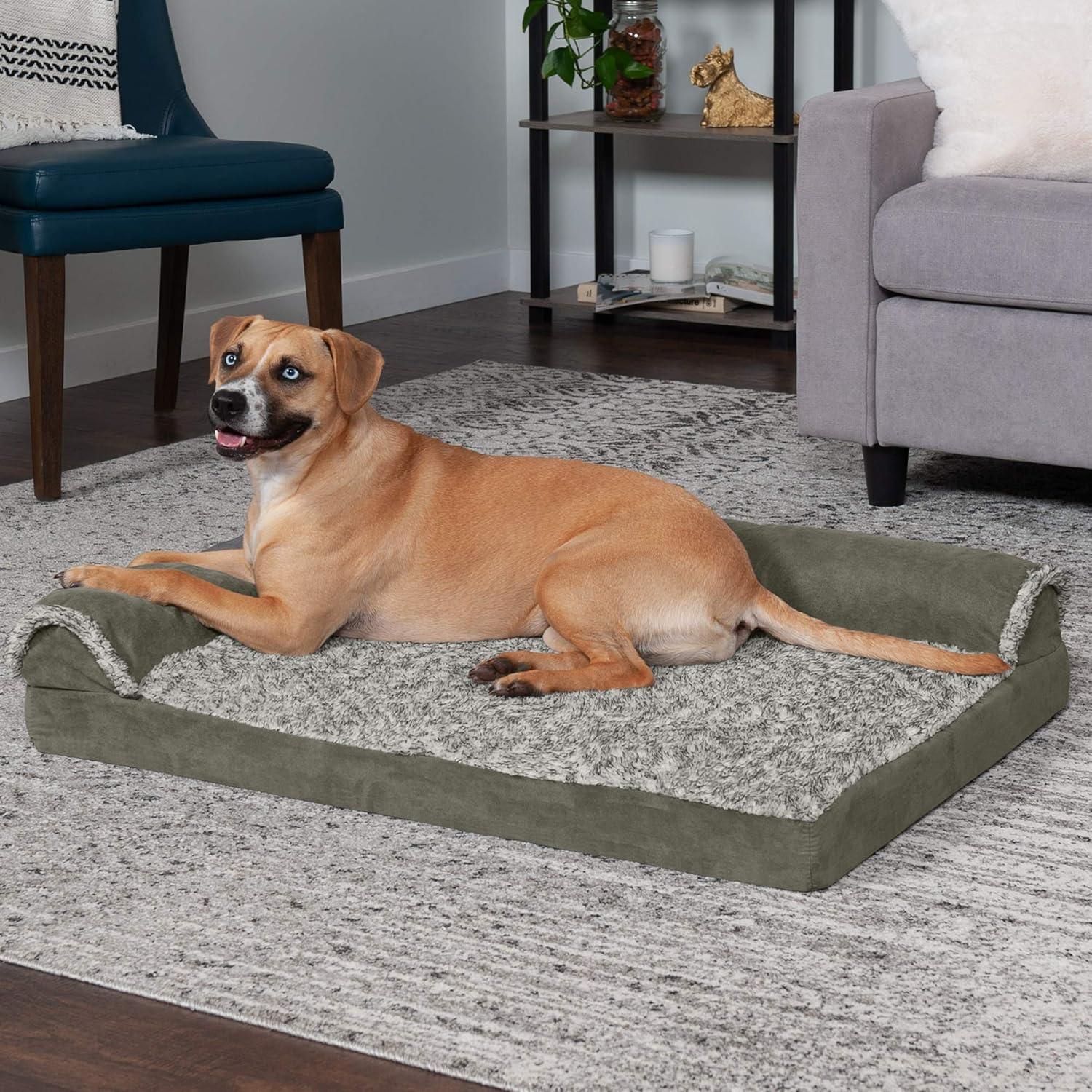 imageFurhaven Cooling Gel Dog Bed for MediumSmall Dogs w Removable Bolsters ampamp Washable Cover For Dogs Up to 35 lbs Pinsonic Quilted Paw L Shaped Chaise Titanium MediumTwoTone Faux Fur Suede Dark Sage