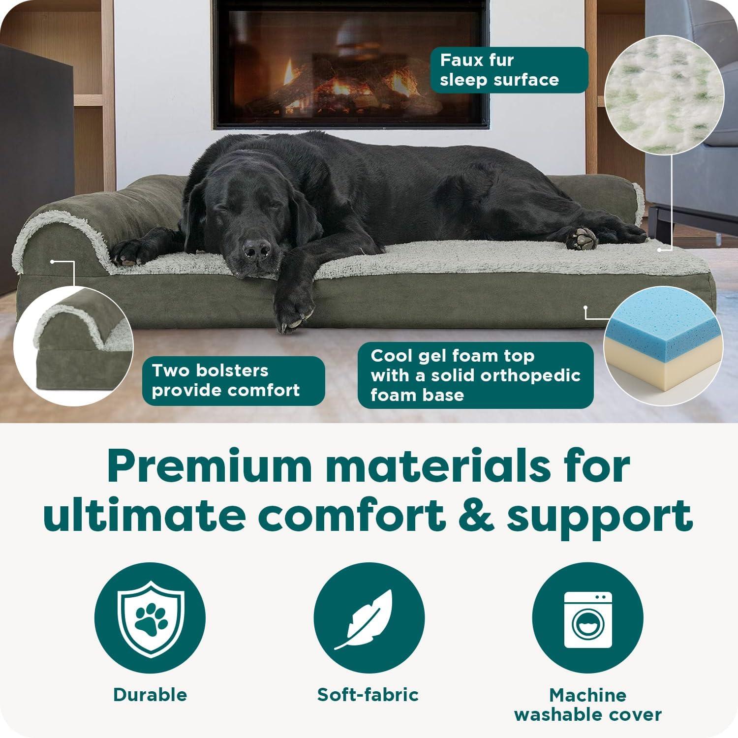 imageFurhaven Cooling Gel Dog Bed for MediumSmall Dogs w Removable Bolsters ampamp Washable Cover For Dogs Up to 35 lbs Pinsonic Quilted Paw L Shaped Chaise Titanium MediumTwoTone Faux Fur Suede Dark Sage
