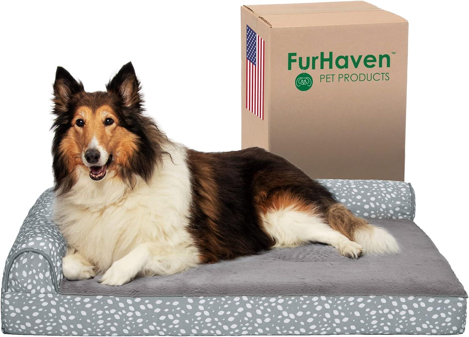 imageFurhaven Cooling Gel Dog Bed for MediumSmall Dogs w Removable Bolsters ampamp Washable Cover For Dogs Up to 35 lbs Pinsonic Quilted Paw L Shaped Chaise Titanium MediumPlush Almond Print Gray Almonds
