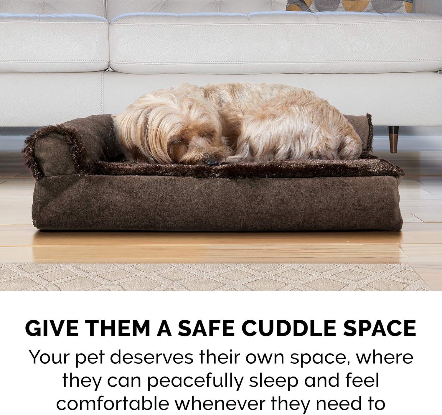 imageFurhaven Cooling Gel Dog Bed for MediumSmall Dogs w Removable Bolsters ampamp Washable Cover For Dogs Up to 35 lbs Pinsonic Quilted Paw L Shaped Chaise Titanium MediumPlush Velvet Sable Brown