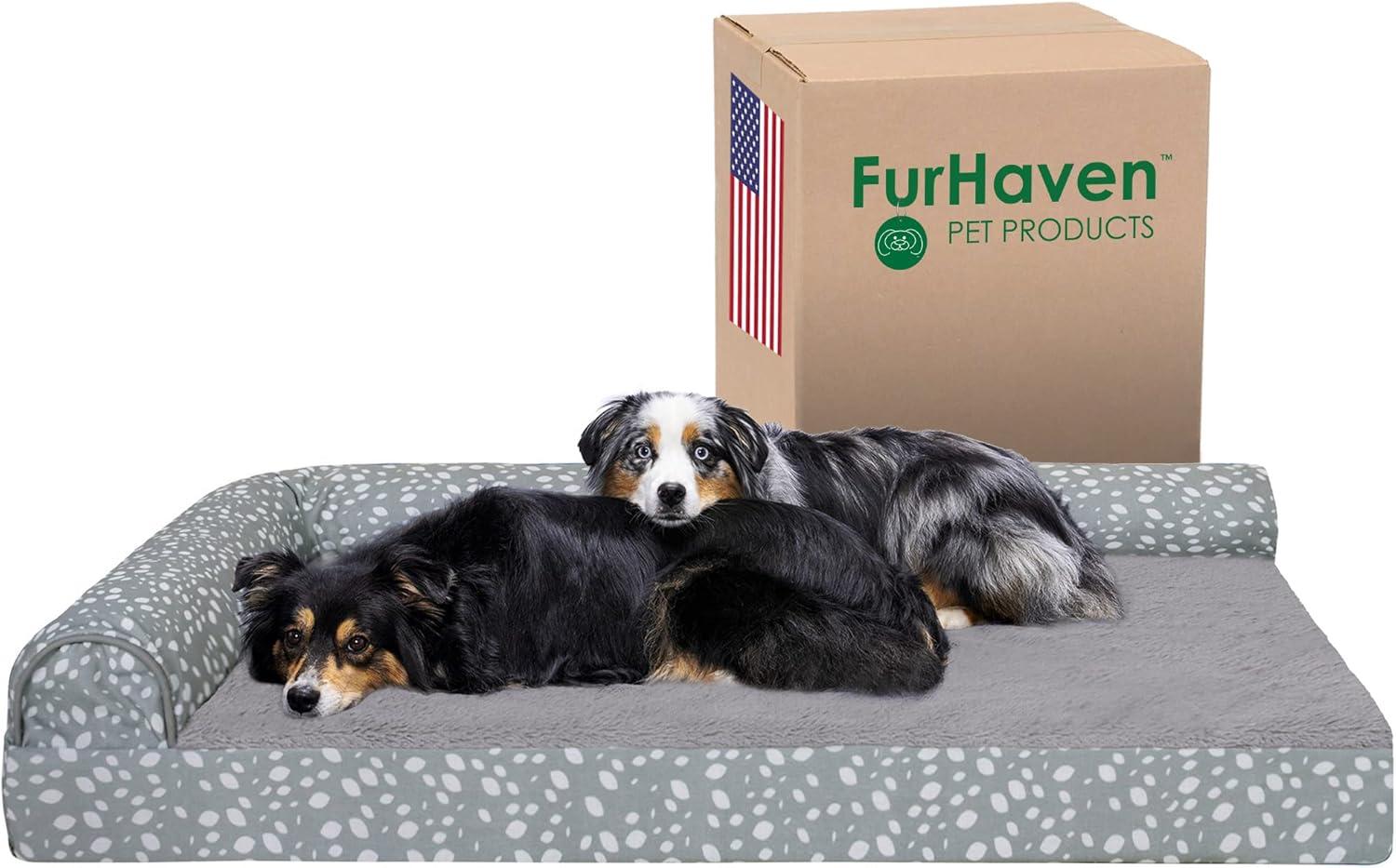 imageFurhaven Cooling Gel Dog Bed for MediumSmall Dogs w Removable Bolsters ampamp Washable Cover For Dogs Up to 35 lbs Pinsonic Quilted Paw L Shaped Chaise Titanium MediumPlush Almond Print Gray Almonds