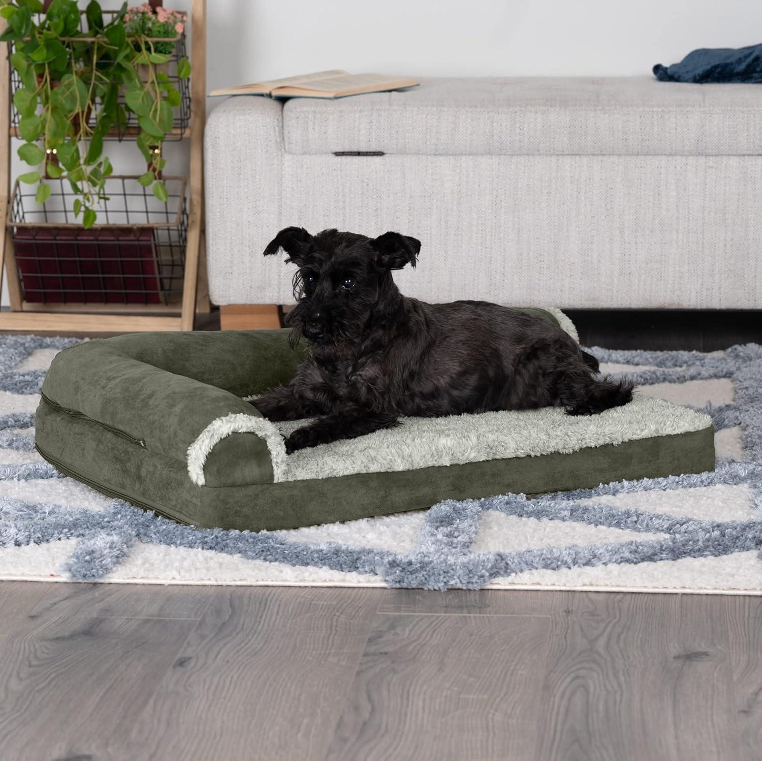 imageFurhaven Cooling Gel Dog Bed for MediumSmall Dogs w Removable Bolsters ampamp Washable Cover For Dogs Up to 35 lbs Pinsonic Quilted Paw L Shaped Chaise Titanium MediumTwoTone Faux Fur Suede Dark Sage