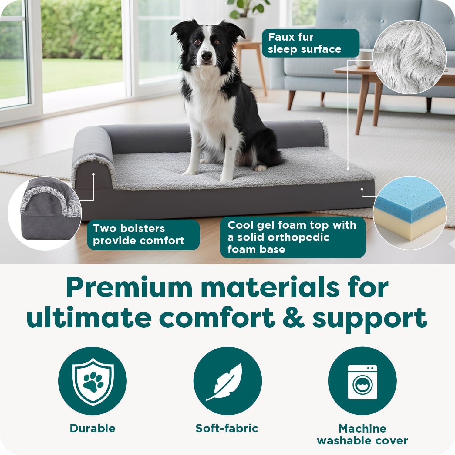 imageFurhaven Cooling Gel Dog Bed for MediumSmall Dogs w Removable Bolsters ampamp Washable Cover For Dogs Up to 35 lbs Pinsonic Quilted Paw L Shaped Chaise Titanium MediumTwoTone Faux Fur Suede Stone Gray