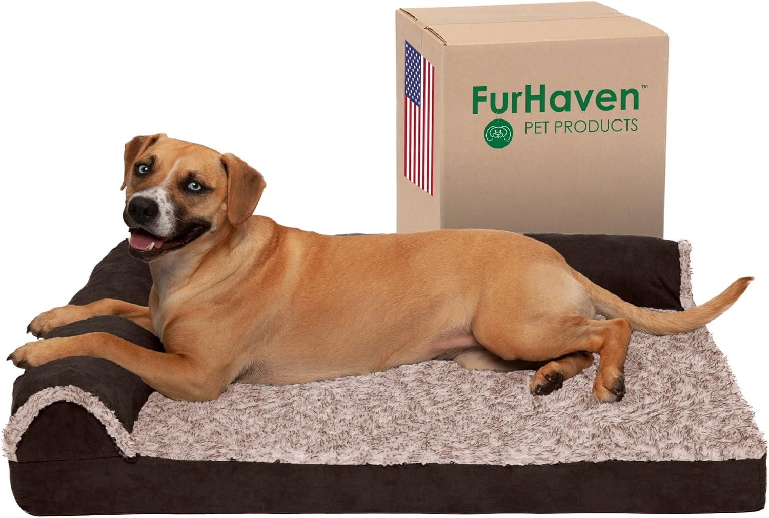 imageFurhaven Cooling Gel Dog Bed for MediumSmall Dogs w Removable Bolsters ampamp Washable Cover For Dogs Up to 35 lbs Pinsonic Quilted Paw L Shaped Chaise Titanium MediumTwoTone Faux Fur Suede Espresso