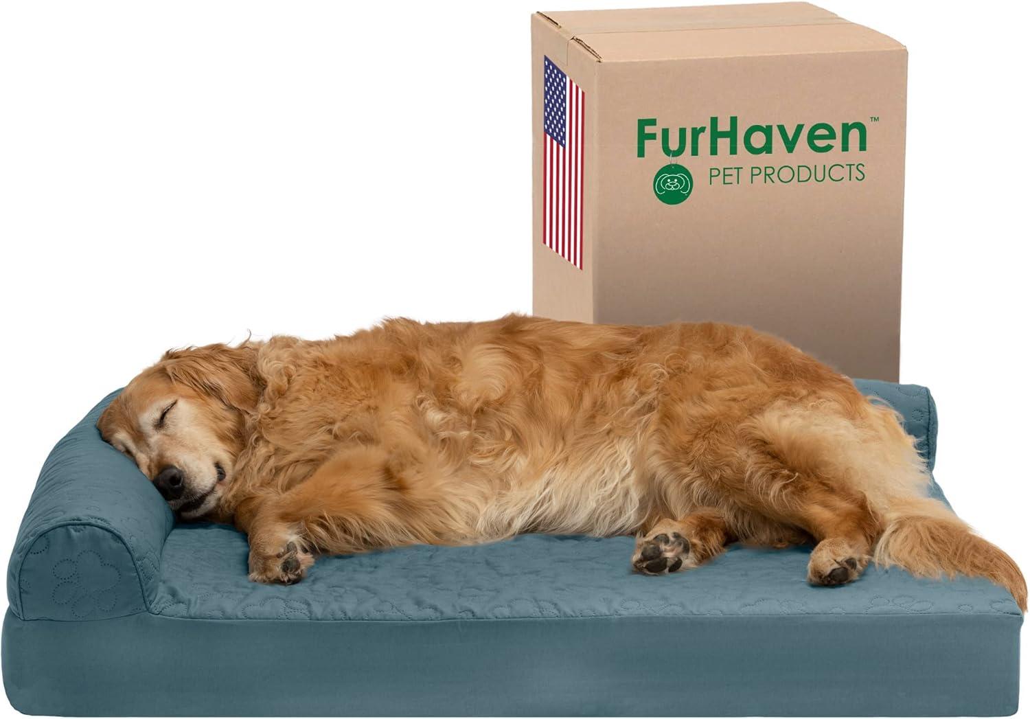 imageFurhaven Cooling Gel Dog Bed for MediumSmall Dogs w Removable Bolsters ampamp Washable Cover For Dogs Up to 35 lbs Pinsonic Quilted Paw L Shaped Chaise Titanium MediumQuilted Paw Bluestone